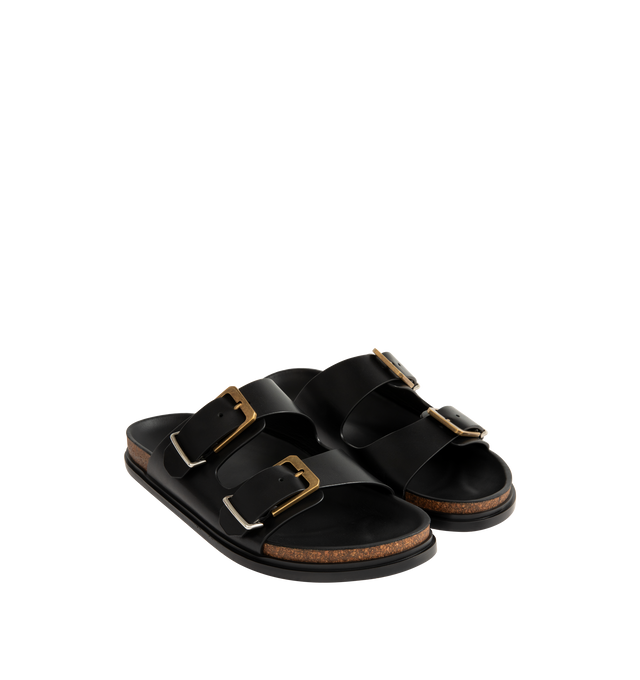 Image 2 of 4 - BLACK - THE ROW Buckle Slide featuring double-strap sandal in natural calfskin suede with adjustable straps, custom two-tone metal buckles, and contoured footbed in lightweight cork with durable rubber sole. 100% calfskin leather. Made in Italy.