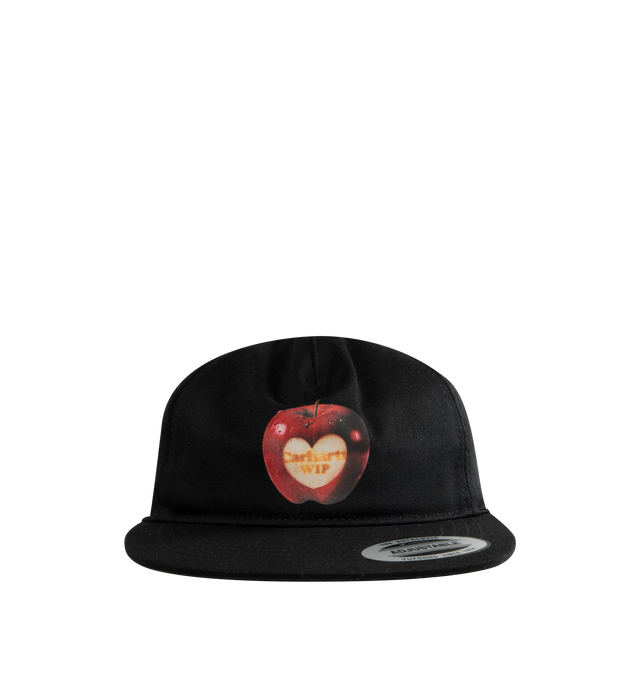 Image 1 of 2 - BLACK - CARHARTT WIP Spoiled Cap featuring a five-panel design, midweight cotton twill, firm, flat peak, embroidered ventilation eyelet and graphic print appears on the front. 100% cotton twill.