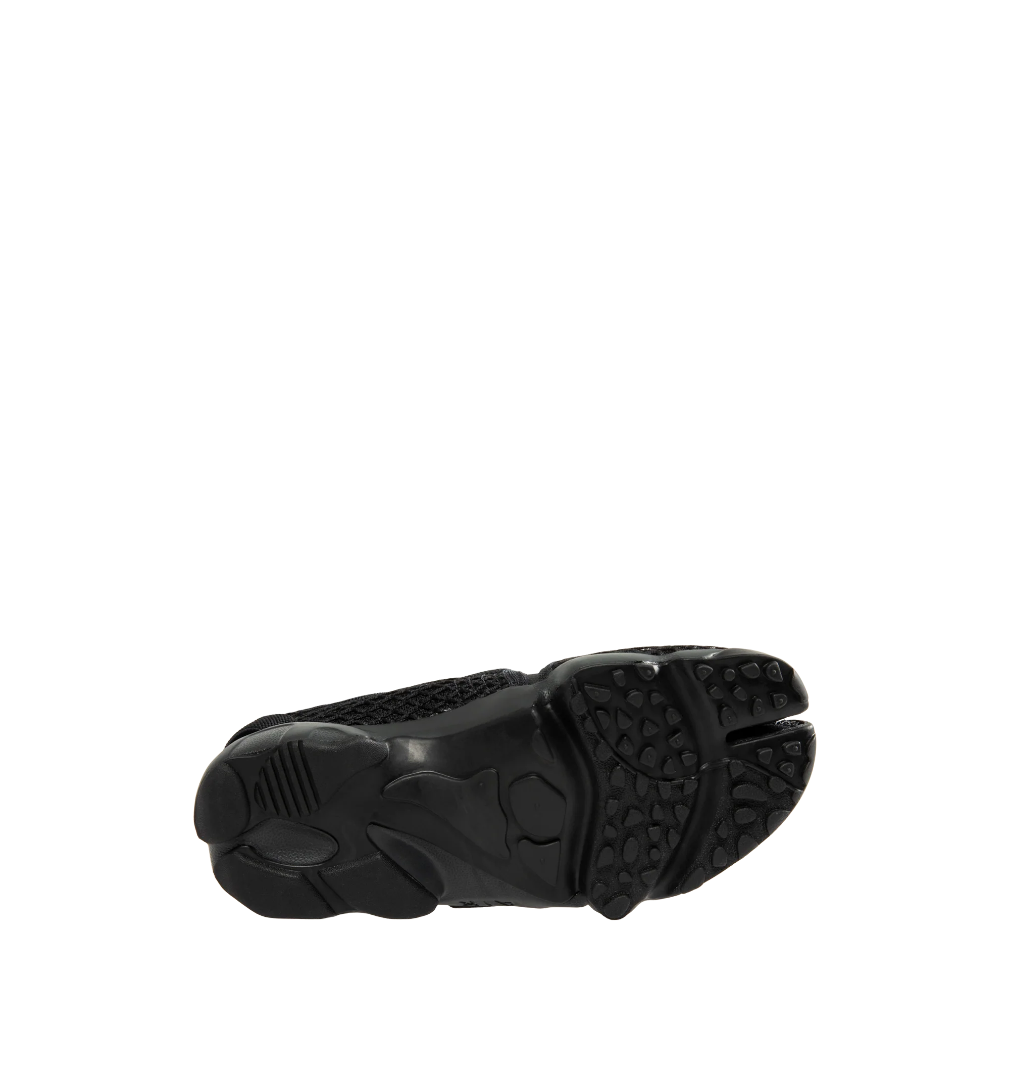 Image 4 of 5 - BLACK - Nike Women's Air Rift Sneaker featuring hook-and-loop straps on the midfoot and heel, Nike Air unit in the heel combined with plush foam, rubber detailing on the outsole, upper features a blend of elastane, polyester and nylon materials for a flexible fit and split toe design. 