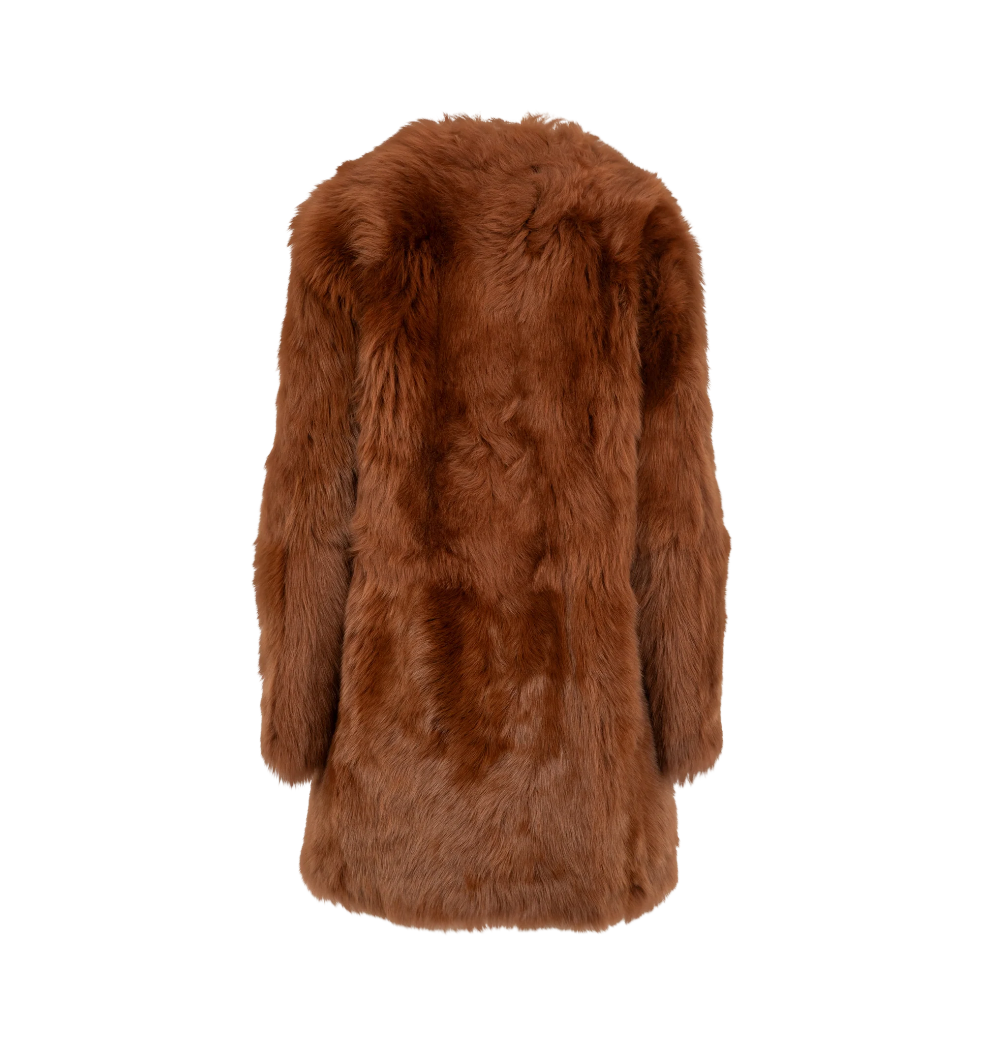 Image 2 of 3 - ORANGE - Toteme Women's Short Silky Shearling Coat Ginger is a statement coat made from soft lamb shearling with long silky hairs for a dramatic take on texture. It has a round neckline, side-seam pockets, and concealed hooks for a clean finish. Main Materials: Lamb shealing/leather, Suede interior.