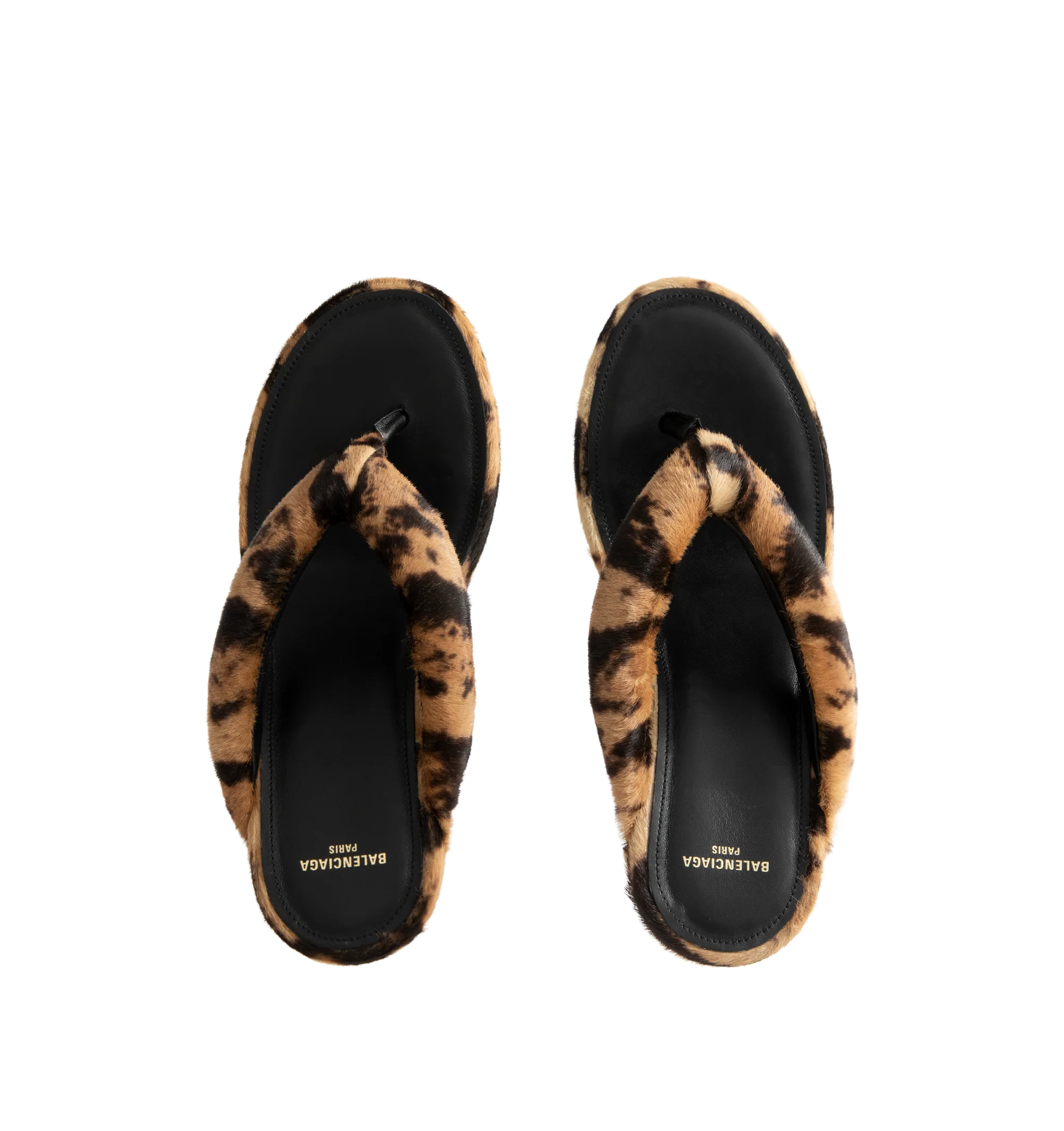 Image 4 of 4 - MULTI - Balenciaga Womens Gaeta Wedge Thong Sandals are crafted from ocelot-print calf hair. Feature a round toe, padded thong strap, slip-on design, wedge heel, and leather sole. Main Material: 100% Calf Hair Leather; Sole: Leather. Made in Italy. 