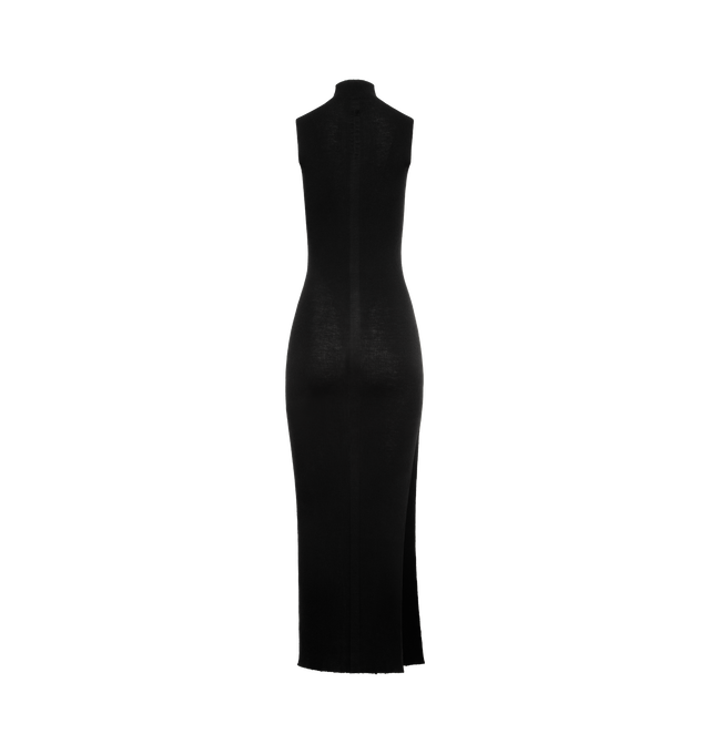 Image 2 of 3 - BLACK - RICK OWENS SL Turtle Midi Dress featuring rib-knit virgin wool midi dress, mock neck, raw edge at hem and slit at side seam. 100% virgin wool. Made in Italy.