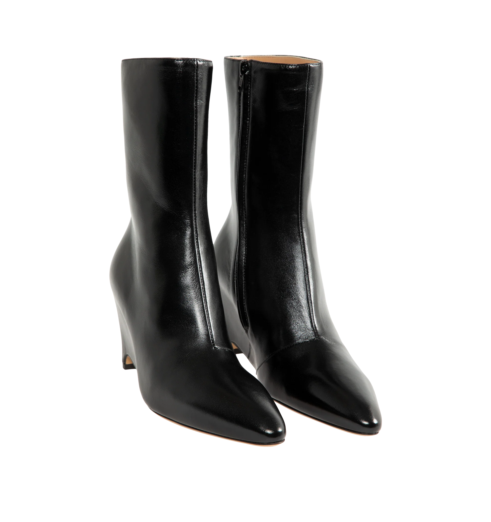Image 2 of 4 - BLACK - Maison Margiela Women's Heel-Less Ankle Boots are crafted from soft nappa leather and reinterpret the Maison's archival heel-less silhouette with a sleek pointed toe and sculptural wedge heel. The seamless upper rises into an 80mm wedge, while the signature single white stitch at the back provides an understated house detail. Upper: 100% Ovine Leather. Lining: 100% Ovine Leather. Inside: 100% Ovine Leather. Sole: 100% Calf Leather. Heel Height: 80 mm / 3.1 in. Made in Italy.