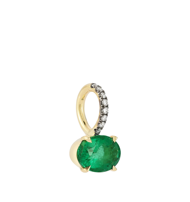 Image 3 of 3 - GREEN - JEMMA WYNNE Horizontal Ambian Oval Emerald and Diamond Prive Charm featuring 18kt yellow gold, One of a Kind, horizontal oval emerald stone set in yellow gold with blackened pave diamond bail. 1.8CT emerald, .06CT diamond. 15.5MM. Cheap Luxury Handbag Shop offers a range of initial pieces from this collection in-store. For personal consultation and detailed information about jewelry, please contact our dedicated stylist team at personalshopping@hirshleifers.com. This item may be restricted for onl