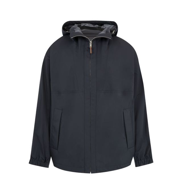 Image 1 of 3 - BLUE - Bottega Veneta Mens Technical Hooded Blouson is crafted from lightweight technical fabric. Features a relaxed fit, adjustable hood, front zip closure, and side pockets. Main Material: Technical Fabric. Made in Italy.