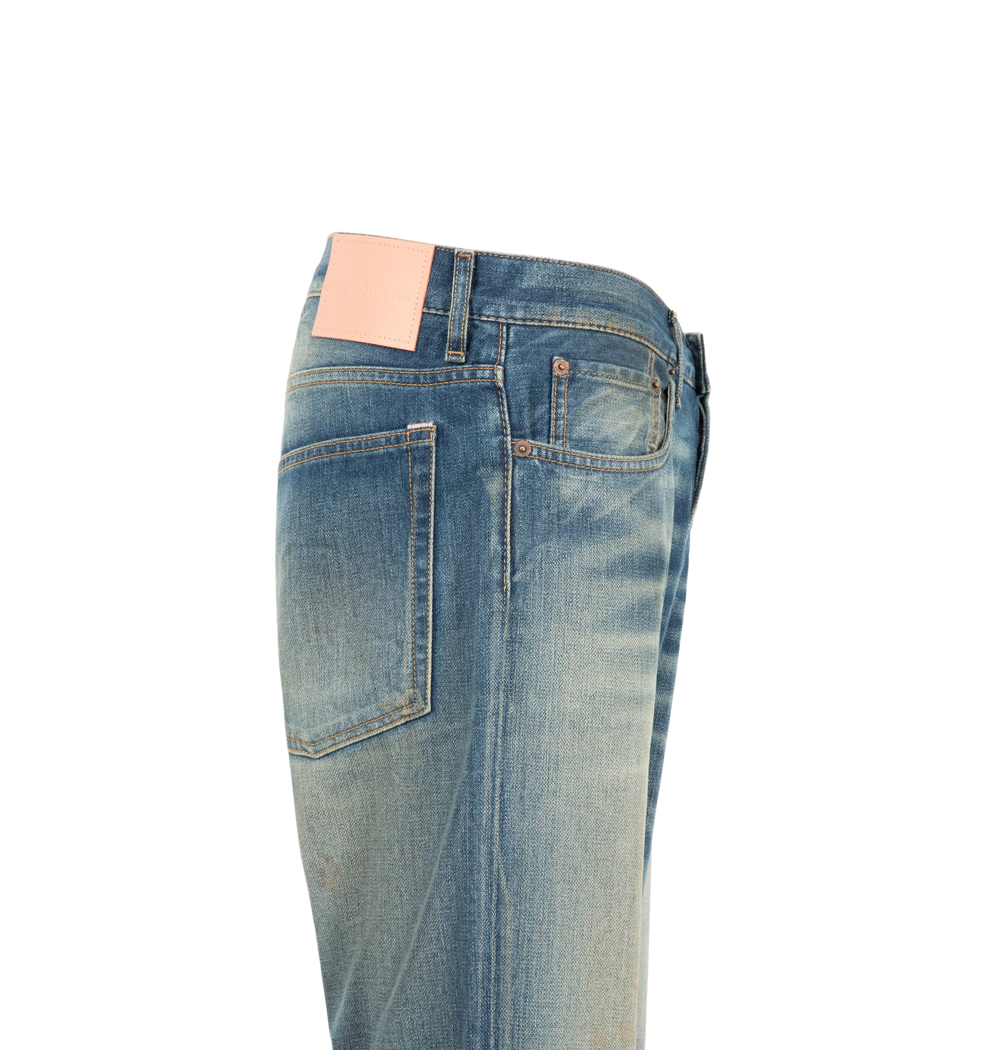 Image 3 of 3 - BLUE - Acne Studios Men's 2010M Streams Jeans are crafted from lightweight indigo-blue broken twill denim and feature a regular-fit silhouette with a low waist and straight leg. Finished with contrasting whiskering and scraping for an authentic worn-in appearance, these jeans are designed with a long length, classic five-pocket construction, and a button fly closure. Main Material: 82% Cotton, 18% Lyocell. Patch: 100% Cow Leather.  