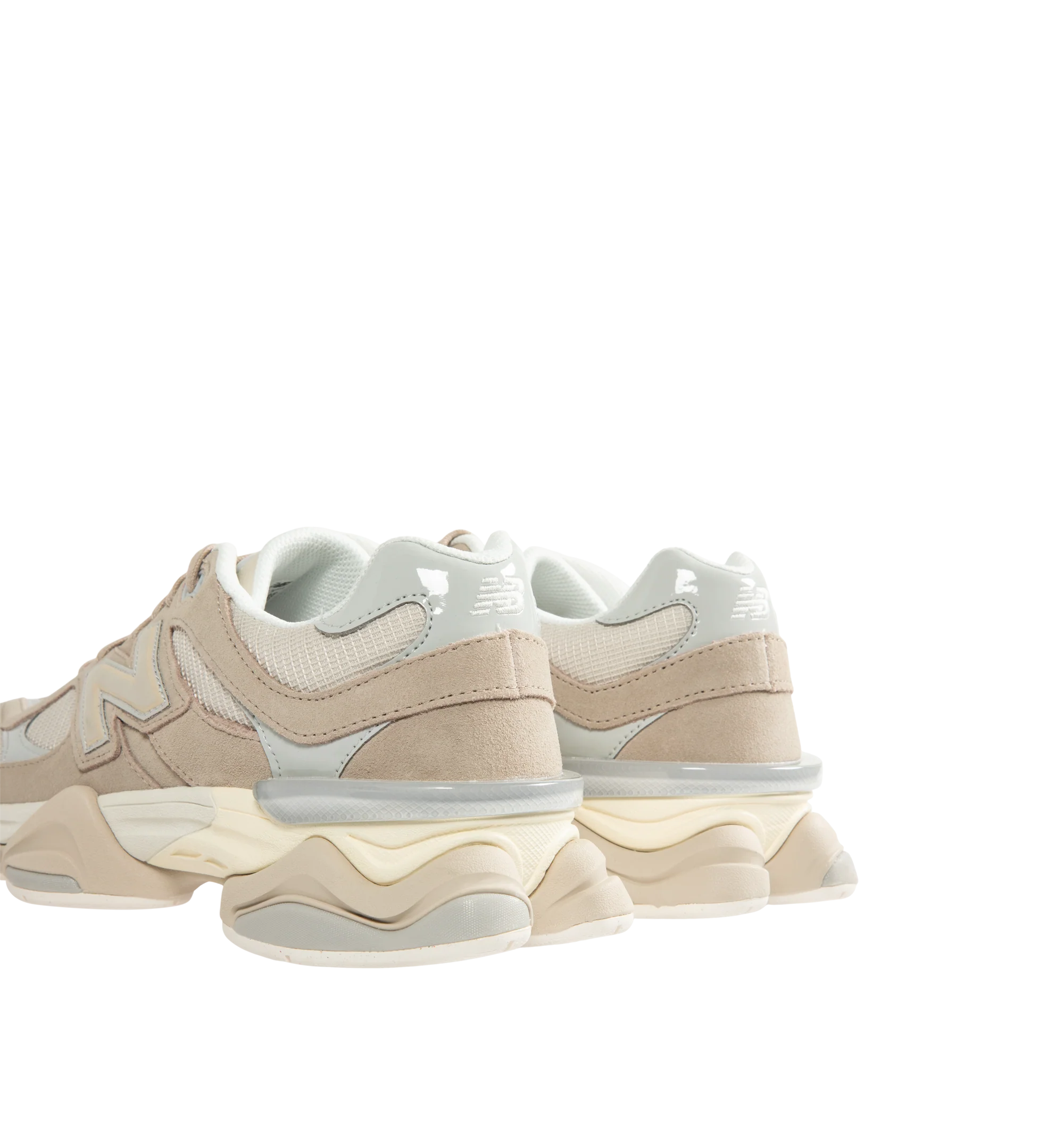 Image 3 of 5 - NEUTRAL - New Balance Unisex 9060 Sneakers feature a mesh upper with pigskin suede overlays and expanded sway bars inspired by the 990. The sculpted dual-density midsole combines ABZORB and SBS cushioning, while a translucent CR device at the heel and a diamond-patterned outsole inspired by the classic 860 complete the design. Upper: Mesh and Pigskin Suede. *Unisex style in men's sizing.