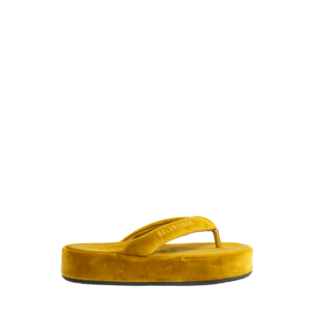 Image 1 of 4 - YELLOW - BALENCIAGA Jet Lag Thong featuring cotton, viscose and elastane, thong sandal, rounded toe, 50mm platform height, padded upper, Balenciaga logo embroidered on the upper of the right foot, Balenciaga logo debossed on the insole, tone-on-tone sole and black outsole. Upper: cotton, viscose, elastane. Sole: TPU. Insole: cotton, viscose, elastane. Made in Italy.