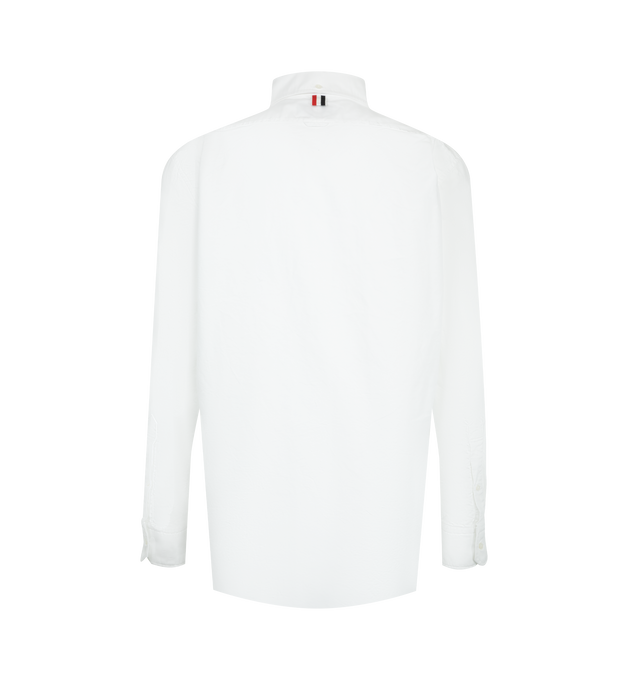Image 2 of 2 - WHITE - THOM BROWNE Scenic Sailboat and Shark Oxford Shirt featuring front button closure, button-down point collar, patch chest pocket, reinforced pleated back yoke with locker loop, buttoned cuffs, sailboat and shark embroidery on front, name tag appliqu, signature striped grosgrain loop tab and straight fit. 100% cotton. Made in Italy.