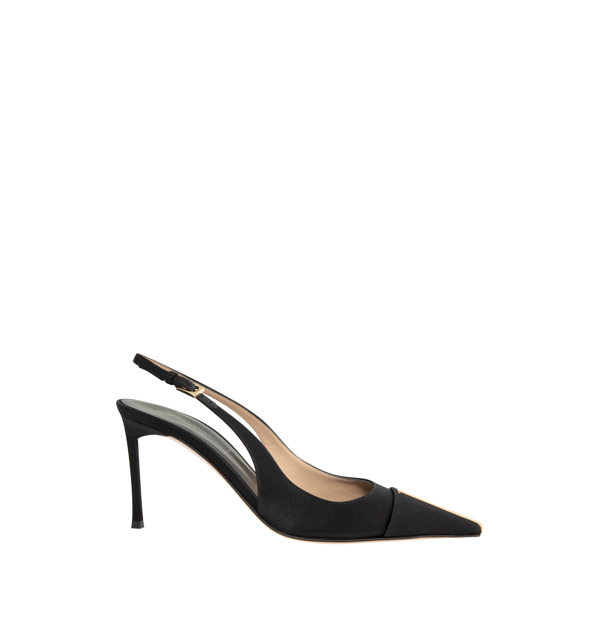 Image 1 of 4 - BLACK - Tom Ford Womens Thea Slingback Pumps are crafted from satin with Swarovski crystal embellishments. Feature a pointed toe with signature pale gold-tone T metal detail, adjustable slingback strap, stiletto heel, and leather sole. Heel Height: 8.5 cm. Main Material: 68% Viscose, 32% Silk; Embellishment: Swarovski Crystals; Sole: Leather. Made in Italy.