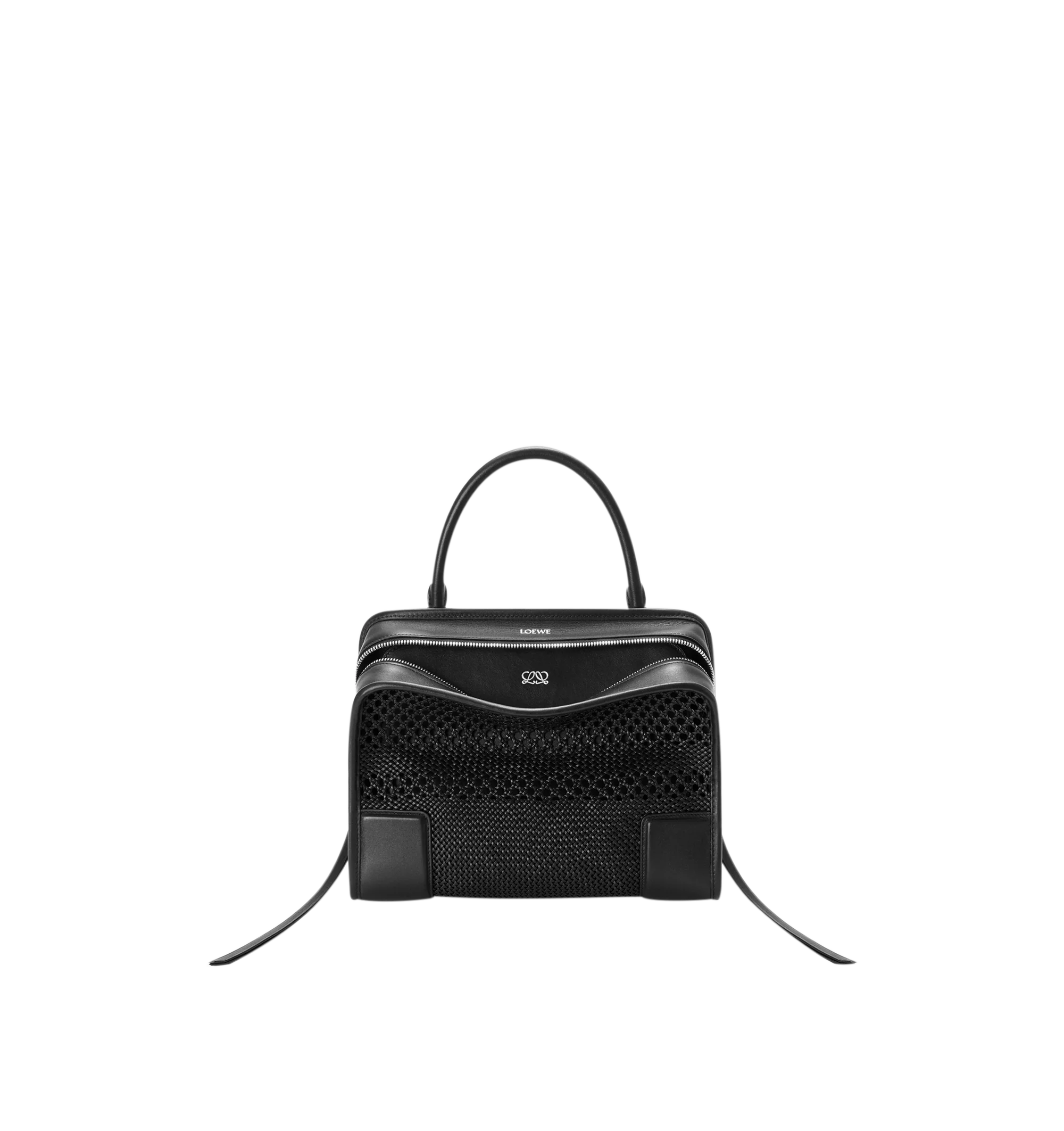 Image 1 of 14 - BLACK - Loewe Women's Medium Amazona 180 Bag is crafted from woven nappa calfskin and features a relaxed silhouette inspired by one of the house's iconic designs. Designed with a single Toron top handle and removable shoulder strap, it can be carried by hand, over the shoulder, or crossbody. A concealed magnetic closure, zip fastening with dual leather pullers, two compartments, an internal flat pocket, and a side D-ring provide functional organization. Finished with palladium-tone hardware,