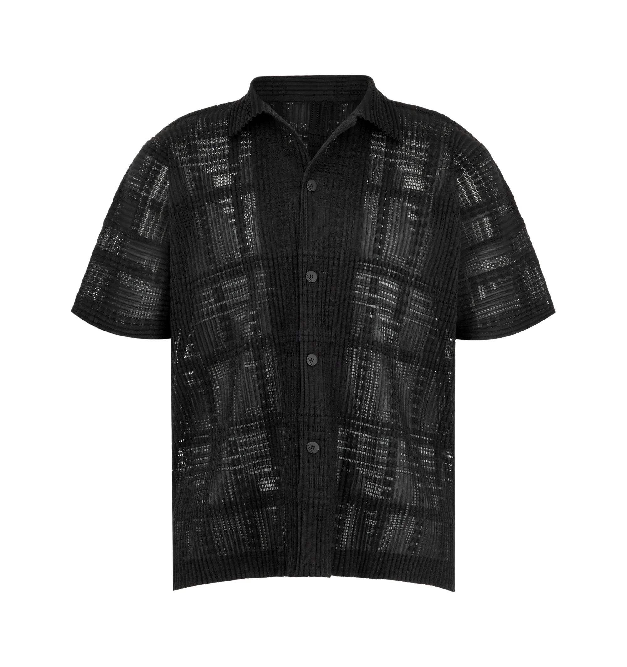 Image 1 of 2 - BLACK - Issey Miyake Men's Lace Grid Pleats Shirt is crafted from a lace-like cotton-blend polyester fabric and features an expressive pleated texture with a sheer, three-dimensional finish ideal for layered styling. Designed with an open collar, button-front closure, and side slits for ease of movement. Main Material: 75% Polyester, 25% Cotton. Collar: Open Collar. Closure: Button Front. Details: Side Slits.