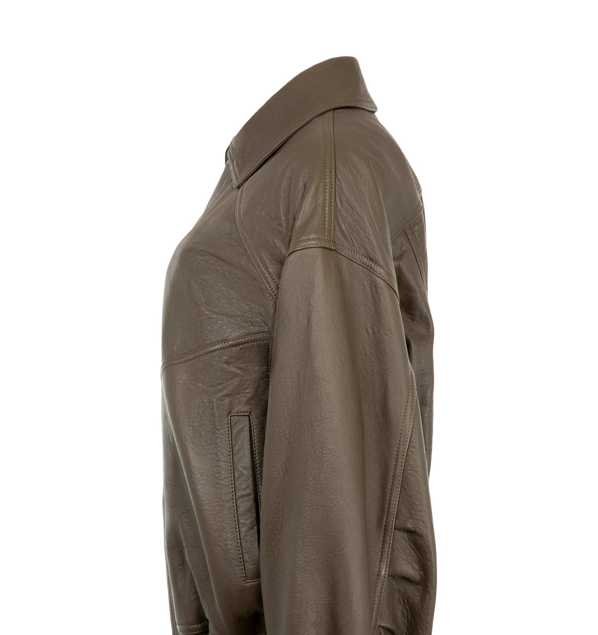 Image 4 of 4 - BROWN - Saint Laurent Women's Ranch Lambskin Bomber Jacket is crafted from supple lambskin leather and features a pointed collar, dropped shoulders, and an elasticized waist. A front zip closure with a snap-button storm flap, two front patch pockets, an interior welt pocket, and snap-button cuffs complete the design. Main Material: 100% Lambskin Leather. Lining: Cotton. Made in Italy. This item may be restricted for online purchase to international clients. For assistance purchasing this item