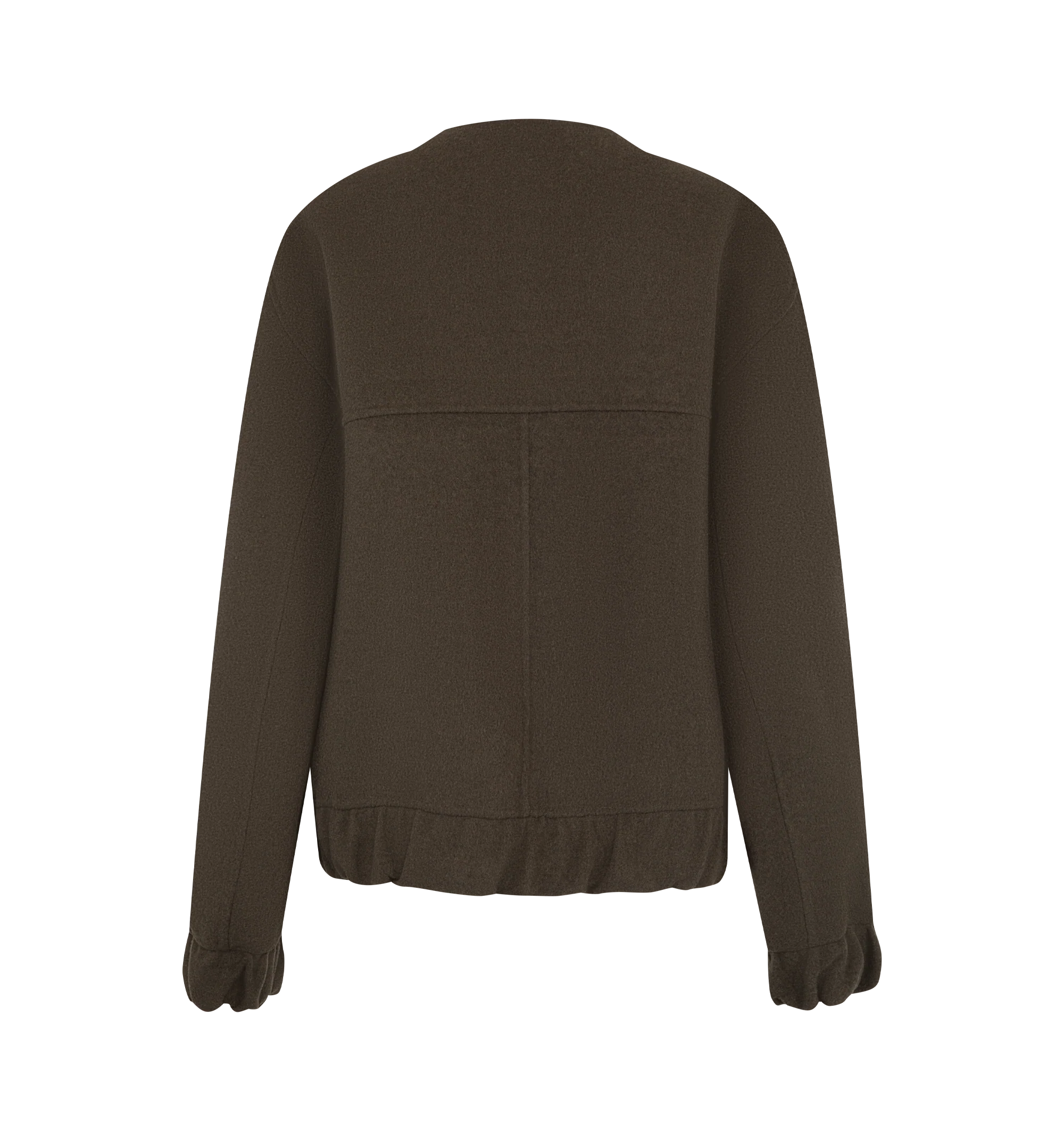 Image 3 of 4 - BROWN - Khaite Women's Cordan Jacket is crafted from double-face wool and features a cropped, relaxed bomber silhouette with signature armhole seaming, architectural topstitching, and softly rounded volume. Elasticated panels at the hem and cuffs, in-seam side pockets, and a front zip closure complete this designer wool jacket, combining exceptional craftsmanship with modern, sculptural tailoring for effortless everyday layering. Main Material: 100% Double-Face Wool.