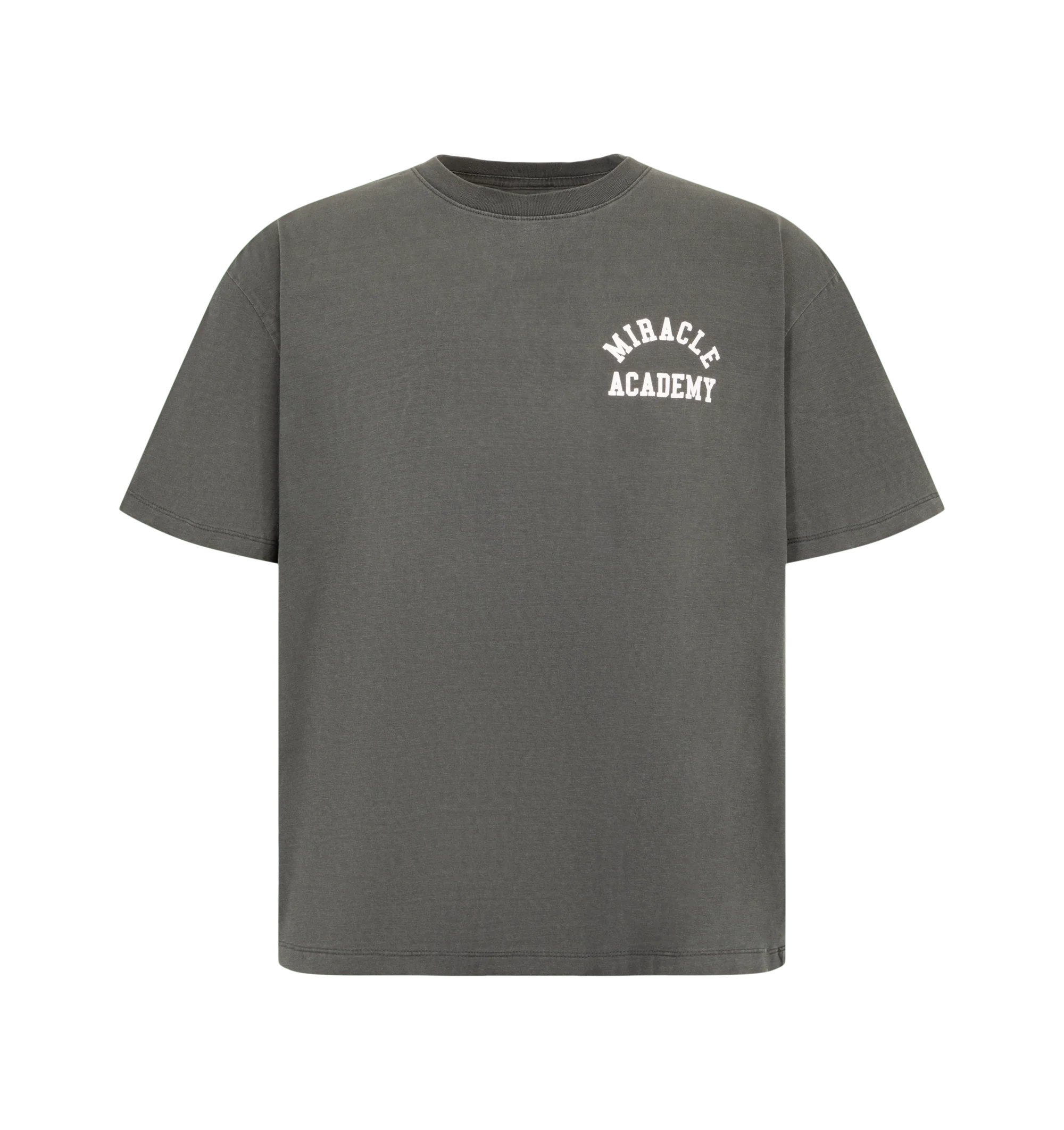 Image 1 of 2 - GREY - Nahmias Men's Miracle Academy Boxy T-Shirt is crafted from soft cotton and made in Los Angeles for premium everyday comfort. Designed with an oversized boxy fit, it features the signature Miracle Academy logo on the front and back, delivering a bold yet effortless streetwear aesthetic. Material: 100% Cotton