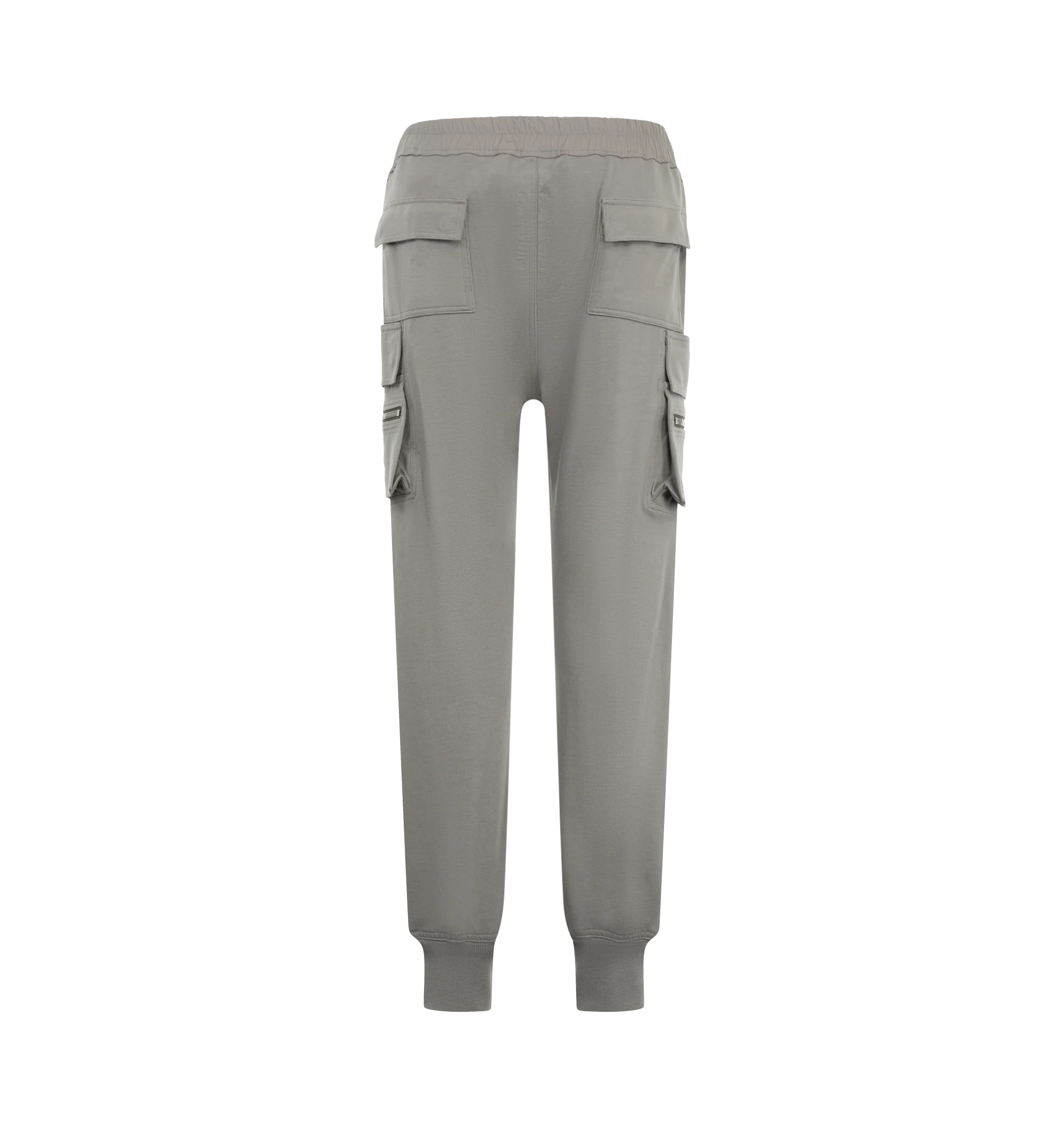 Image 2 of 3 - GREY - Rick Owens Mens Mastodon Cargo Pants are crafted from cotton poplin. Feature a slim fit, elasticized waistband with drawstring, side pockets, zip cargo pannier pockets with flaps and tabs, back flap pockets, and elasticized ankles. Main Material: 97% Cotton, 3% Elastane. Made in Italy.