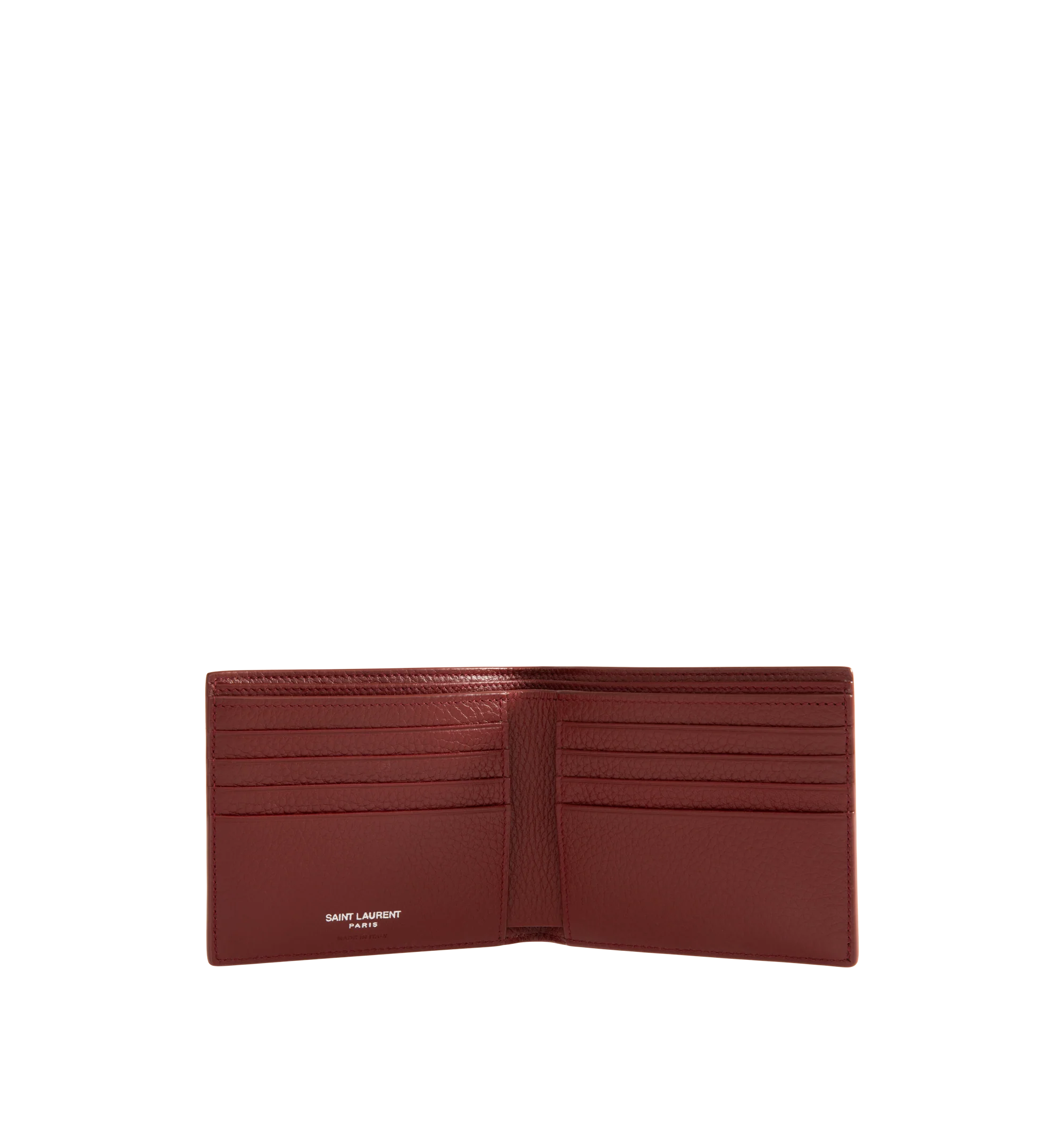 Image 3 of 3 - RED - Saint Laurent Mens Wallet is crafted from black leather. Features a classic bifold silhouette, interior card slots and bill compartment, silver-tone hardware, and embossed Saint Laurent logo. Main Material: 100% Leather. Made in Italy.