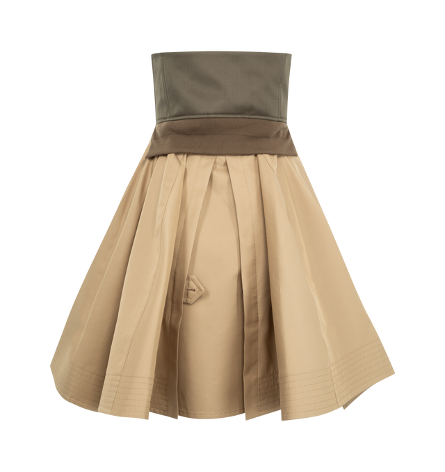 Image 2 of 2 - BROWN - SACAI Cotton Gabardine Dress featuring mini length, strapless, button flap pocket, paneled construction, fitted top and full skirt. Made in Japan.