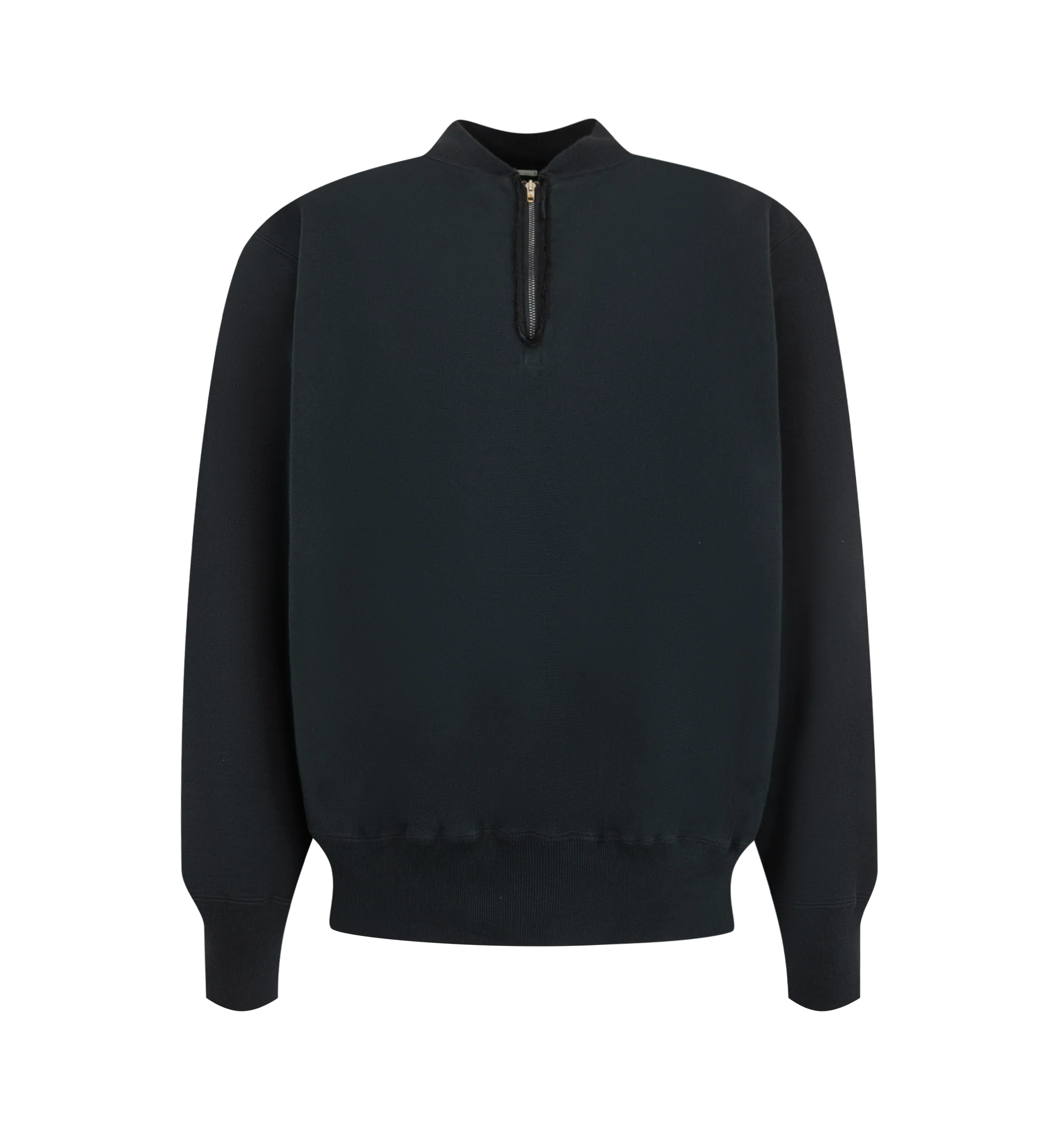 Image 1 of 2 - BLACK - A.Presse Men's Vintage Half Zip Rib Collar Sweatshirt is crafted from 100% cotton brushed-back fleece and features a vintage-inspired half-zip silhouette with a ribbed collar. Designed to faithfully reproduce original vintage sweatshirt details, it is cut with a cropped length, balanced volume, and sleeves that are neither overly wide nor restrictive. The seamless shoulder construction enhances comfort and ease of layering, while an Asahi zipper completes the design. Skilled hand-fini