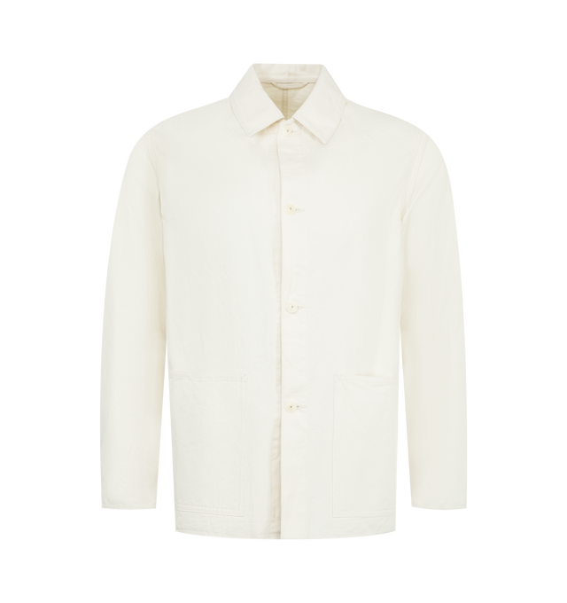 Image 1 of 2 - WHITE - KAPTAIN SUNSHINE Cotton Drill Coverall Jacket featuring a relaxed-fit, chambray-woven cotton drill, dropped shoulders, two patched front pockets, donut buttoned front and cuffs, an unlined interior and a washed finish. 100% cotton. Made in Japan.
