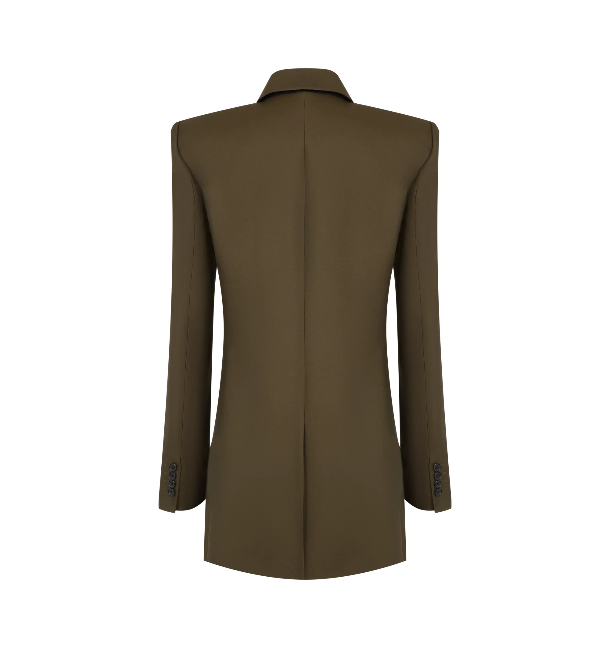 Image 2 of 2 - GREEN - Khaite Womens Wool Silk Cady Jacket is crafted from wool silk cady. Features an elongated silhouette, overlapping collar, sharp shoulders with cigarette-roll detailing, natural gathering at the chest, and low-set welt pockets. Main Material: 74% Wool, 26% Silk. Made in Italy.