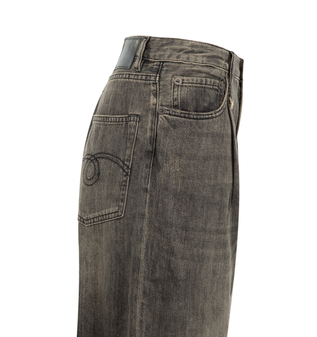 Image 3 of 3 - BLACK - R13 Damon Pleated Wide Leg Jean featuring zip fly with button closure, 5-pocket design, pleated fabric details at waist, whiskering along front and heavily faded and lightly distressed throughout. 100% cotton. Made in Italy.