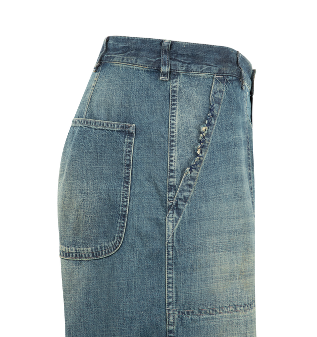 Image 3 of 3 - BLUE - MAISON MARGIELA Wide-Leg Jeans featuring 8 oz. japanese denim, full-length, wide-leg fit, large patch pockets at front and back, rolled cuffs, button and zip front closure and four stitches at the back. 100% cotton. Made in Italy.