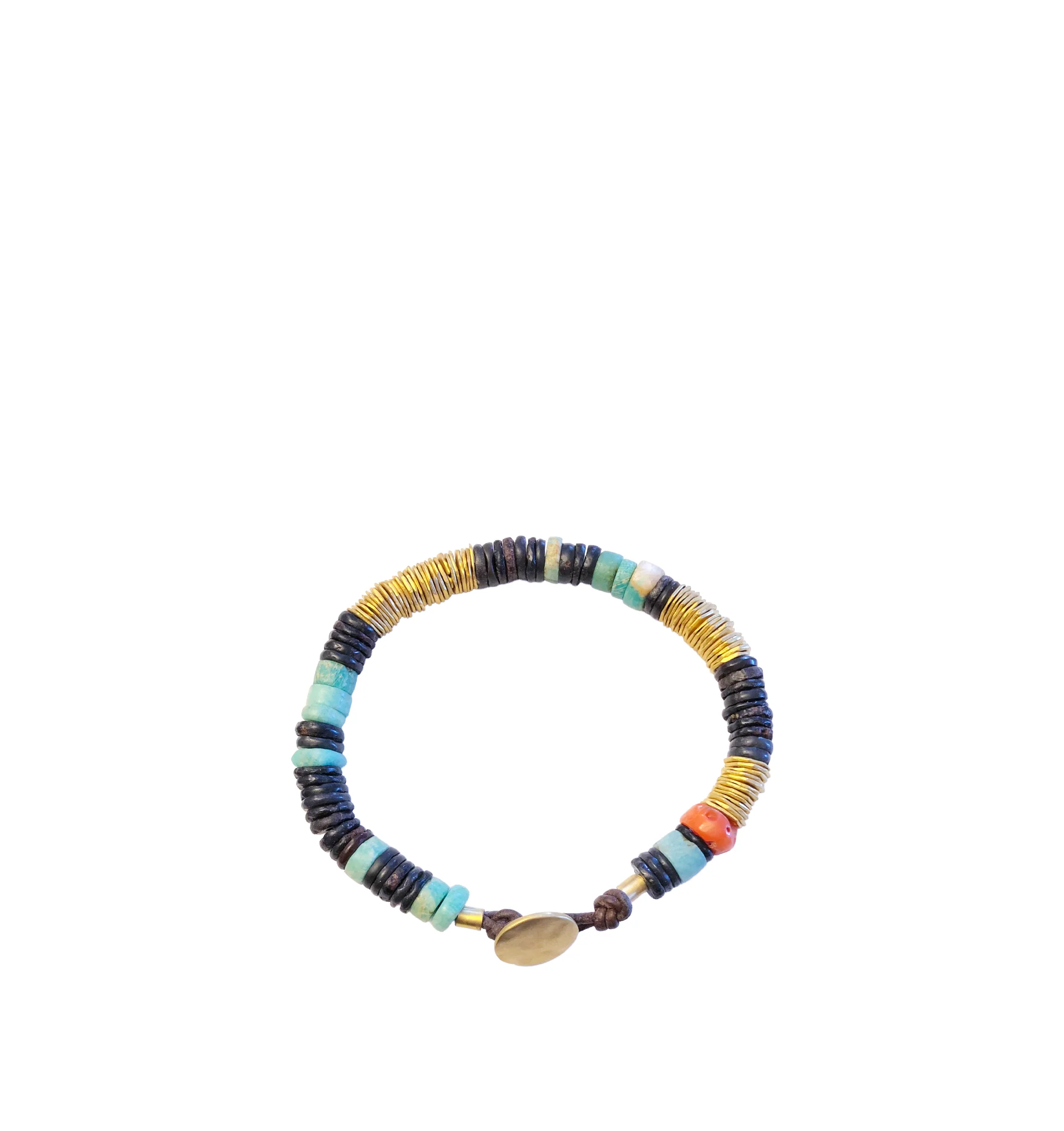 Image 1 of 1 - GOLD - Eli Halili Agate, Turquoise Coral Bead Bracelet is handcrafted with ancient agate discs, vibrant turquoise and coral beads, and solid 22K gold accents on a supple leather band. Finished with a handcrafted 22K gold button closure, this designer fine jewelry bracelet showcases Eli Halili's signature blend of ancient influences and artisanal craftsmanship, creating a richly textured statement piece for everyday wear. Main Materials: 22K Gold, Ancient Agate, Turquoise, Coral, and Leather