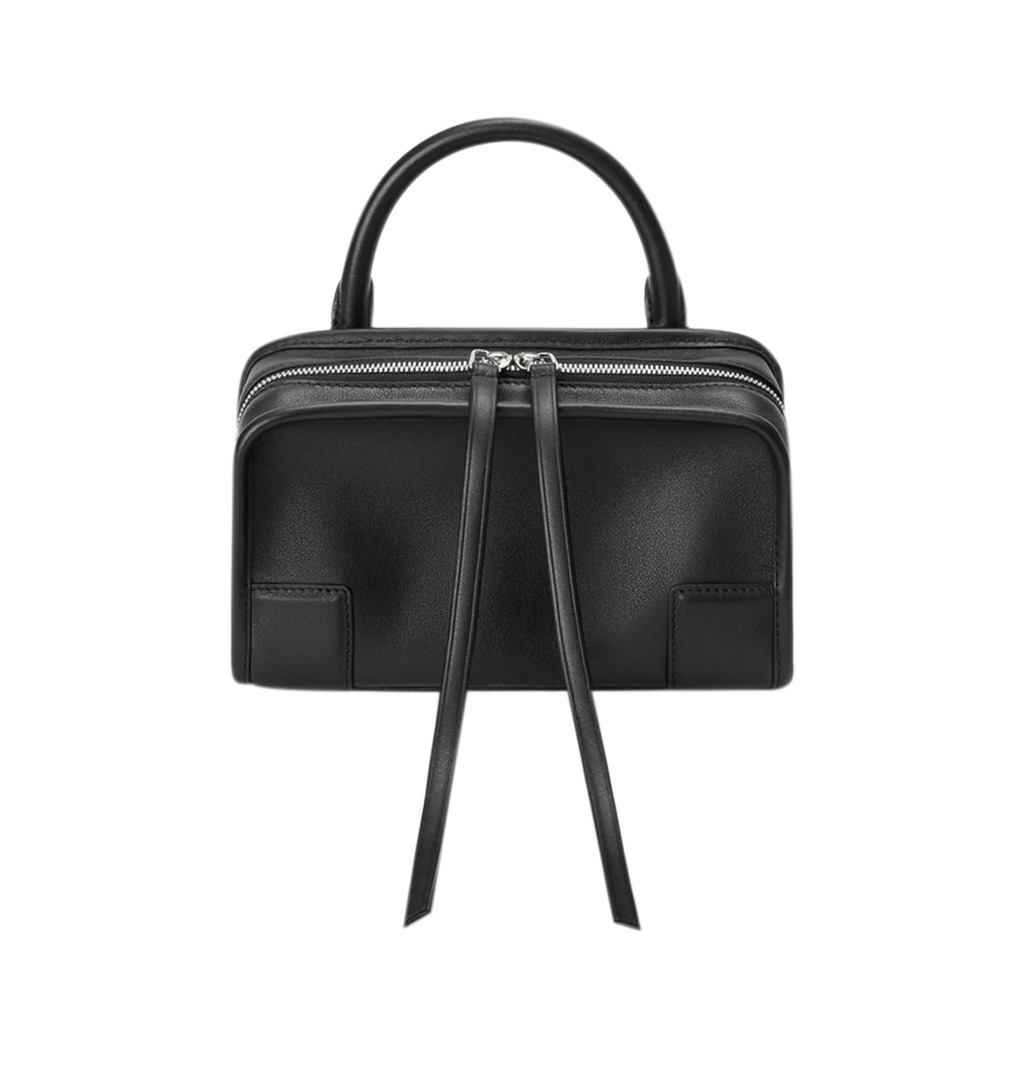 Image 2 of 11 - BLACK - Loewe Mini Amazona 180 Bag in leather features a relaxed silhouette anchored by a single toron top handle, designed to be carried open, while a concealed closure secures the main compartment, removable shoulder and crossbody straps, two carry options: short handle, removable and adjustable crossbody strap, zip closure with two leather zip pullers, two compartments, main compartment closed with magnetic closure, left side d-ring for customization, suede and nappa lambskin lining, and  