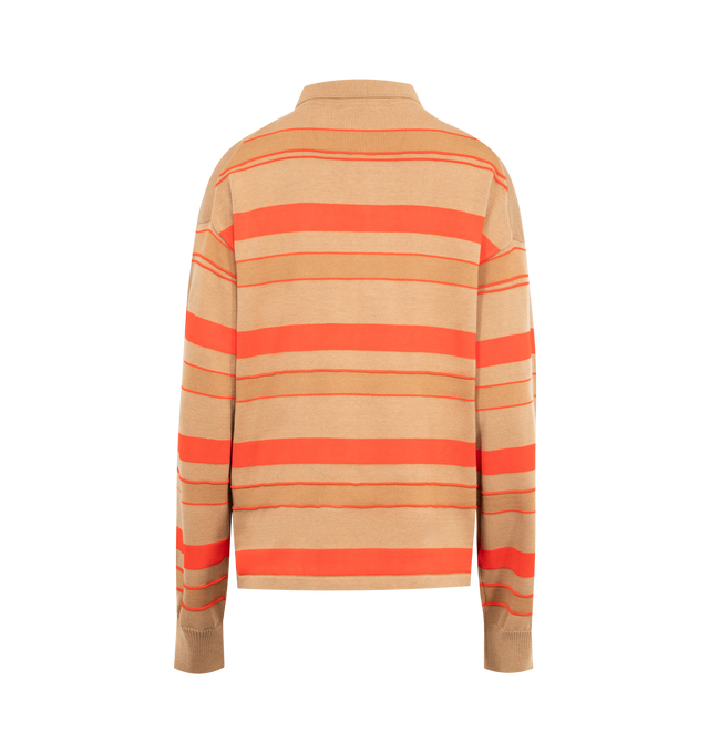 Image 2 of 2 - ORANGE - JW Anderson knitted striped rugby polo top in contrast biscuit matte cotton and high-shine viscose, featuring anchor logo embroidery with horn buttons. 45% Cotton, 29% Viscose, 26% Wool. Made in Italy.