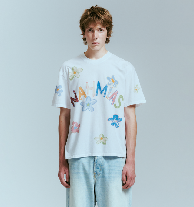 Image 2 of 4 - WHITE - NAHMIAS Super Bloom Boxy Tee featuring crew neck, short sleeves, graphic throughout and boxy fit. 100% cotton.