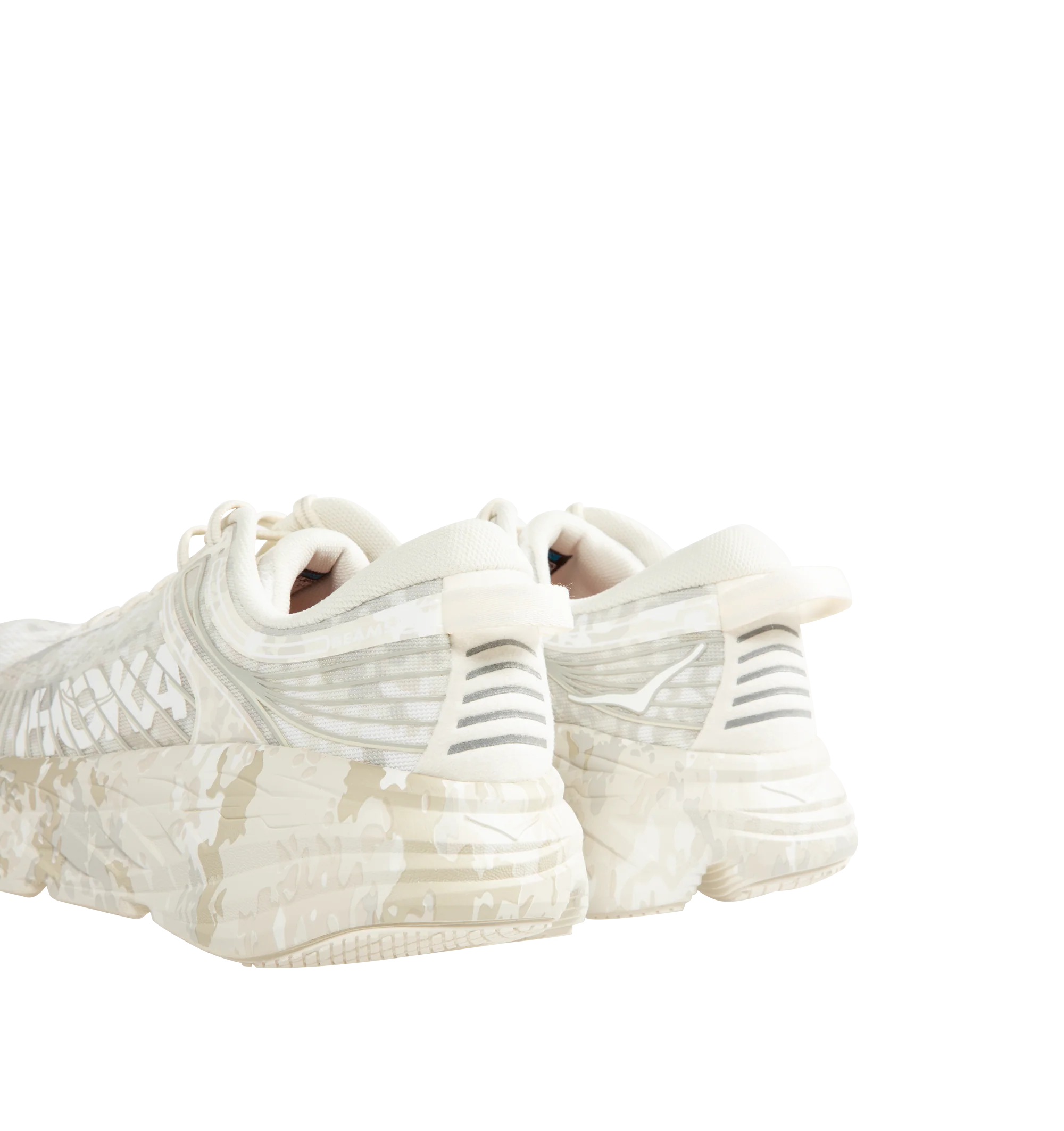 Image 3 of 5 - WHITE - Hoka Unisex Bondi 7 Beams Sneakers reinterpret the ultra-cushioned silhouette with a custom camouflage upper inspired by Japanese Zen gardens. The vegan open-mesh construction features a memory foam collar, TPU overlays, 3D-printed logos, a reflective secondary lace, and a lace keeper. Upper: Vegan Mesh and TPU. *Unisex style in men's sizing.