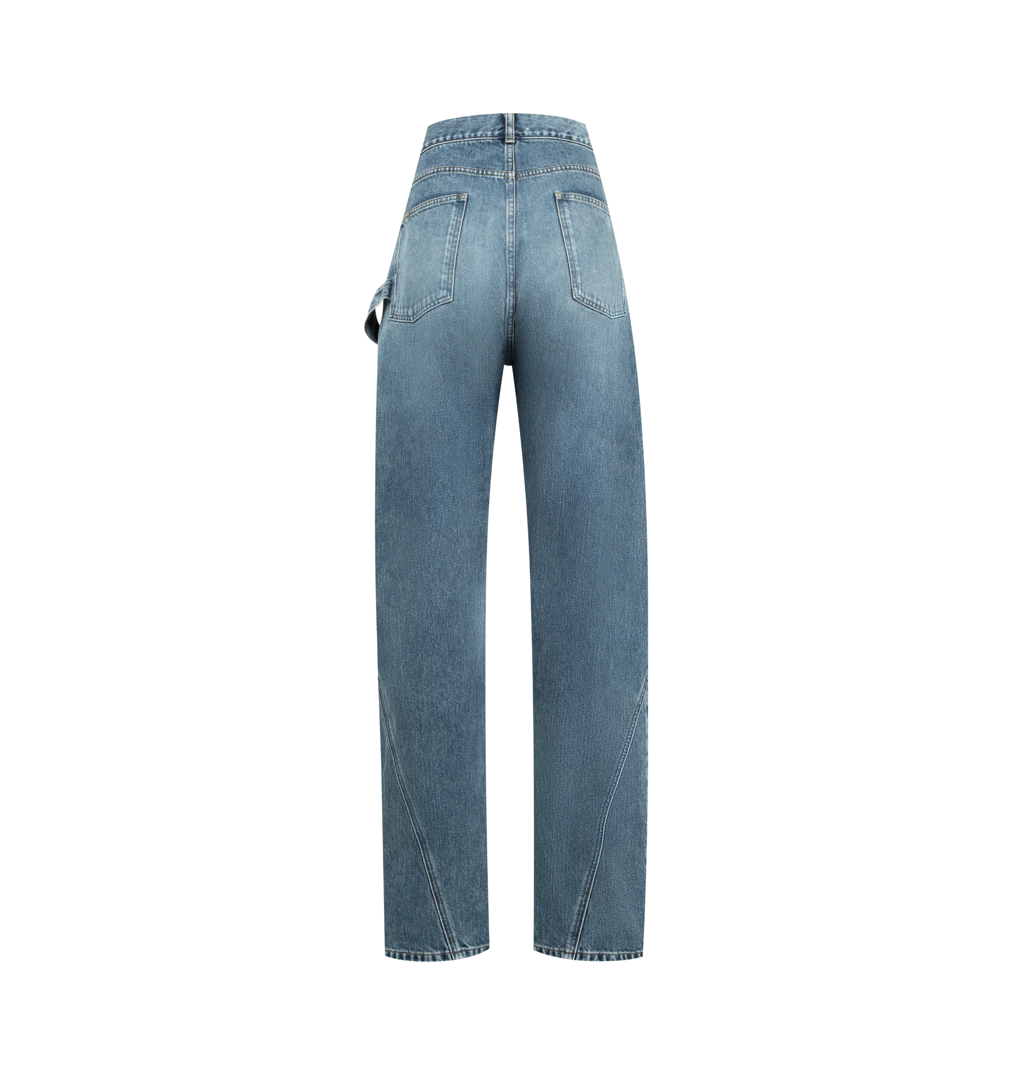 Image 2 of 3 - BLUE - JW ANDERSON Twisted Workwear Jeans featuring a large leather logo patch, anchor stitched pocket, engraved metal shank buttons, logo rivets and orange binding. 100% cotton. Made in Japan.