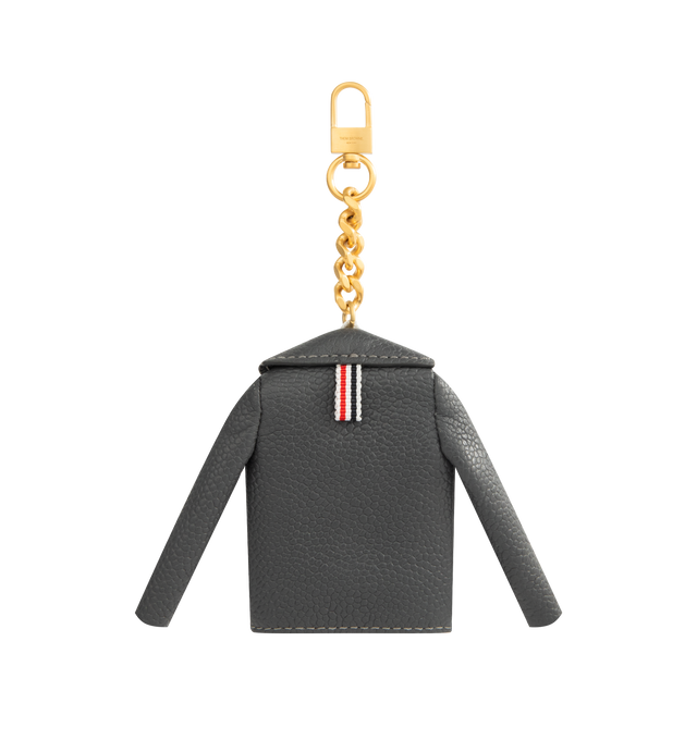 Image 2 of 2 - GREY - THOM BROWNE Classic Jacket Charm in Caviar Agneau featuring a soft lamb leather charm mirroring the brands classic jacket silhouette with notched lapels and flap pockets, and finished with signature striped lining with a loop chain and clasp fastening. Dimensions: L 7 x W 1 x H 7 cm. 100% Lamb Leather. Made in Italy.