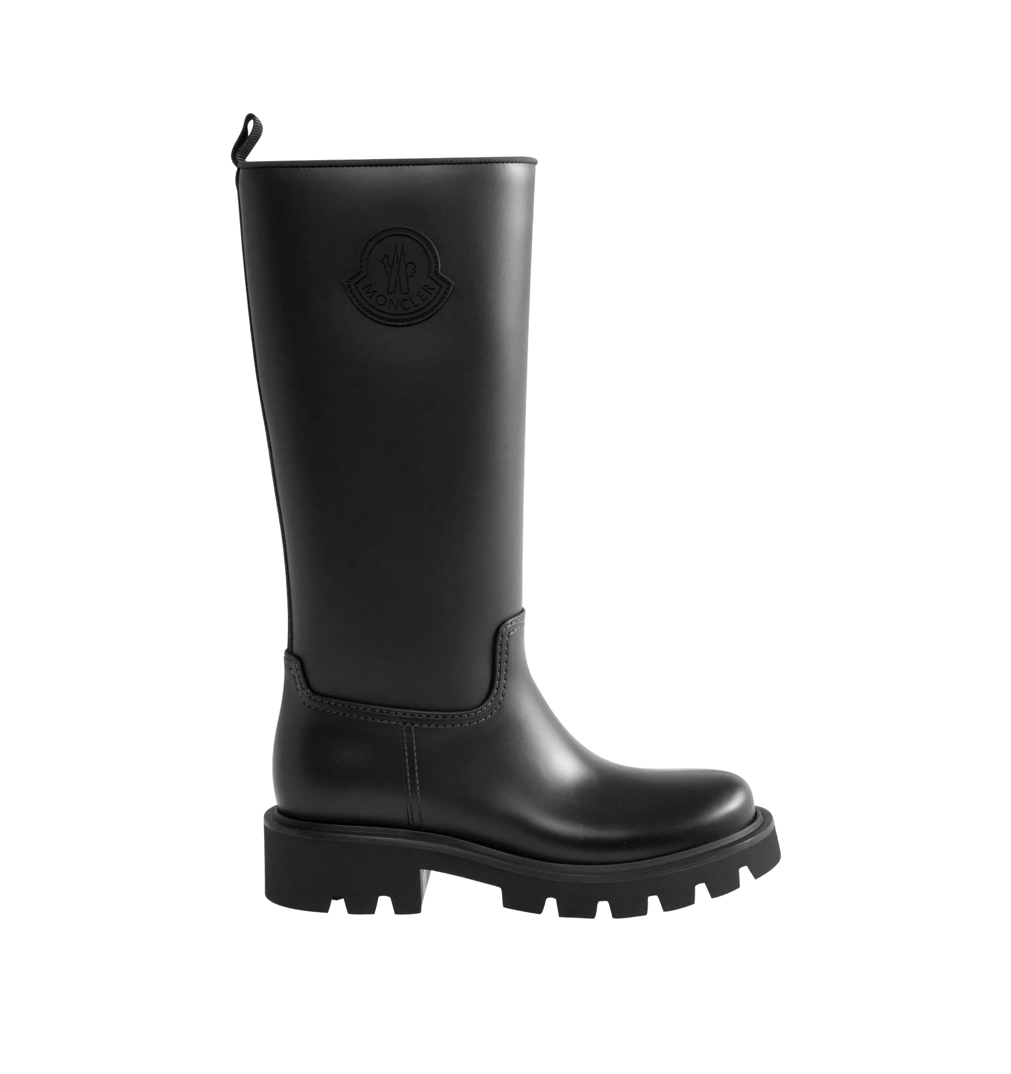 Image 1 of 4 - BLACK - Moncler Women's Kickstream High Rain Boots are crafted from waterproof PVC and nylon and feature a minimalist knee-high silhouette designed to protect against wet weather. Finished with a drawstring fastening, fabric insole, TPU welt, and lightweight EVA tread, these designer rain boots combine practical weather protection with Moncler's refined sporty aesthetic. Upper: 100% Polyvinyl Chloride. Lining: 80% Polyamide/Nylon, 20% Elastane/Spandex. Sole: 100% Polyvinyl Chloride. Calf Heig