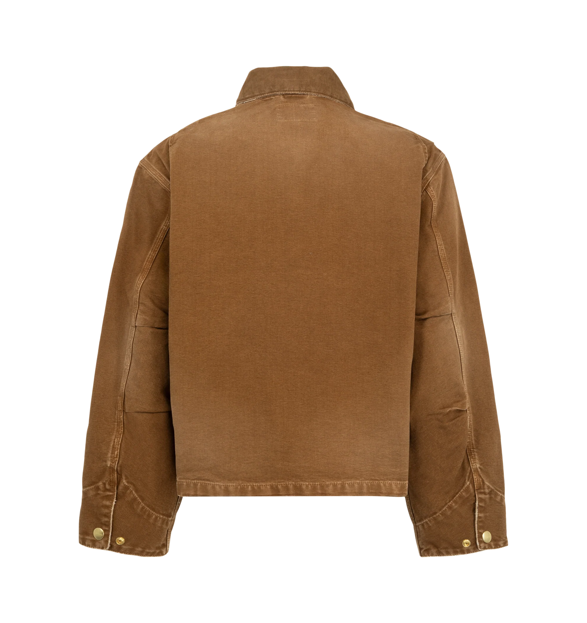 Image 2 of 2 - BLACK - Carhartt WIP Men's OG Arcan Jacket is crafted from heavyweight organic Dearborn canvas and features a destroy wash for a distressed, worn-in finish, a corduroy collar, gold-tone zip front closure, and a kangaroo pocket. Cut in the brand's original loose fit, this designer workwear jacket combines durable triple-stitch construction, reinforced stress points, and heritage utility details with a relaxed, contemporary silhouette. Main Material: 100% Organic Cotton Dearborn Canvas (12 oz).