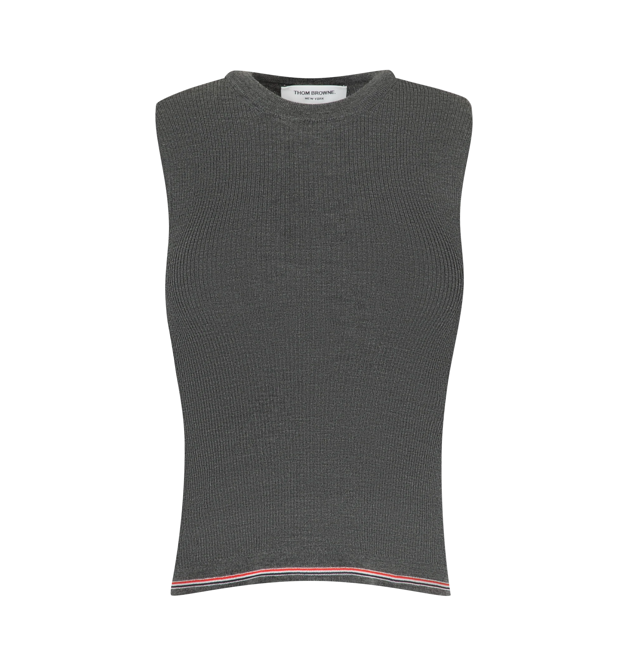 Image 1 of 2 - GREY - Thom Browne Womens Rib Stitch Merino Wool Shell Top is crafted from fine-gauge merino wool and features a sleeveless silhouette, finely ribbed neckline and armholes, a finely ribbed hem with signature RWB tipping, and the signature striped grosgrain loop tab. This designer merino wool shell top combines lightweight knit construction with a timeless sleeveless silhouette for elevated everyday layering. Main Material: 100% Wool. Made in Italy.