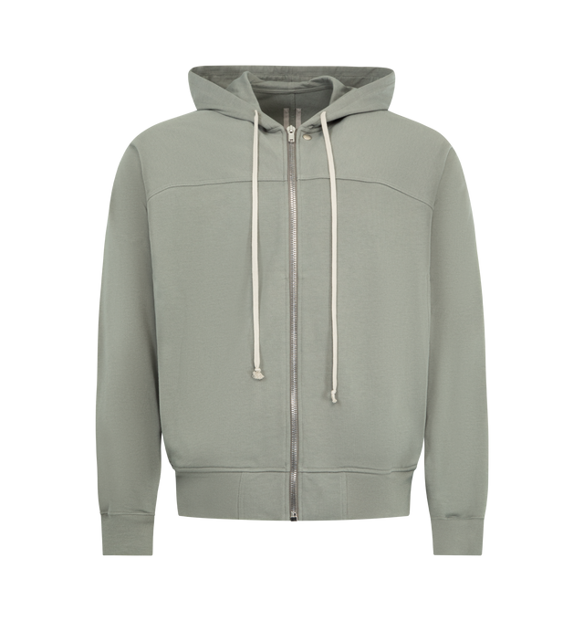 Image 1 of 2 - GREY - RICK OWENS Windbreaker Hoodie featuring heavyweight GOTS-certified organic cotton jersey hoodie, drawstring at hood, press-stud at zip closure, seam pockets at front, rib-knit hem and cuffs, yoke sleeves, central seam at back and logo-engraved silver-tone hardware. 100% cotton. Made in Italy.