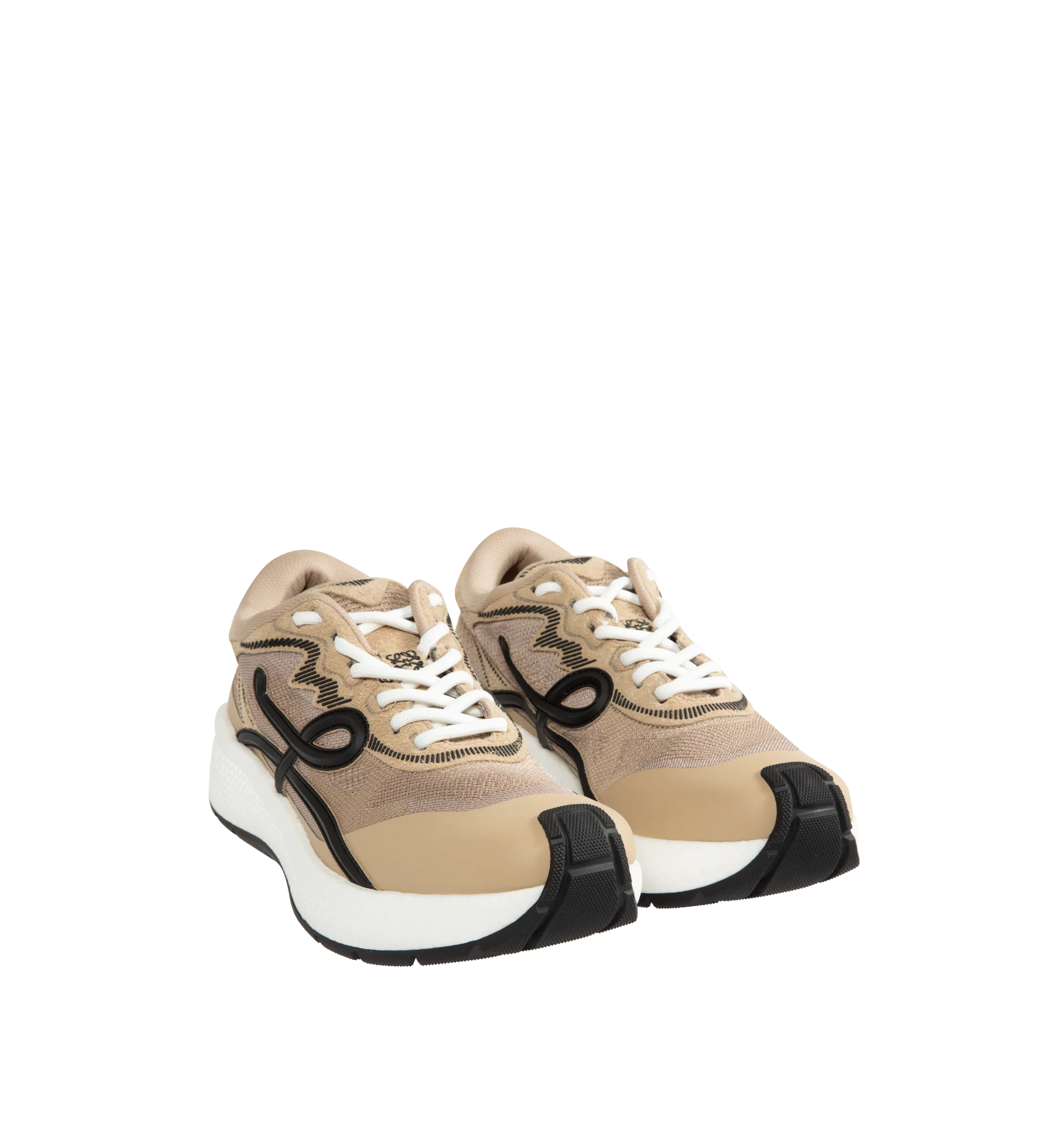 Image 2 of 5 - NEUTRAL - Loewe Men's Pogo Sneakers are crafted from technical knit and suede and feature a bold silhouette with a layered upper and textured two-piece sole. Designed with double laces, the signature L monogram at the side. Main Material: Technical Knit and Suede. Lining: Technical Fabric. Sole: Rubber. Heel Height: 4 cm. Made in Italy.
