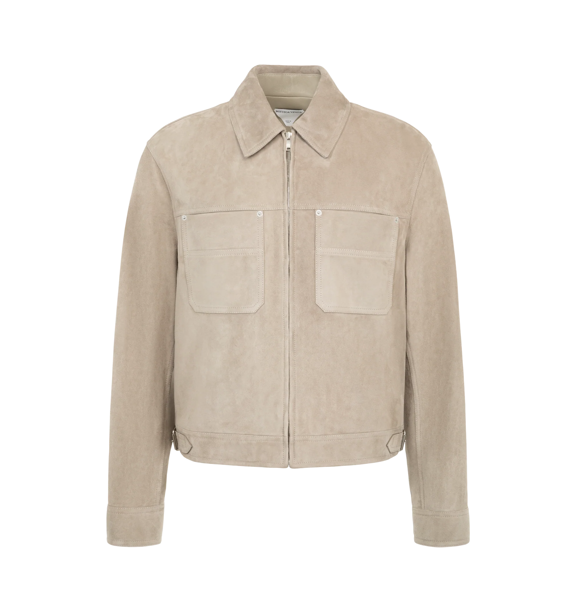 Image 1 of 2 - NEUTRAL - Bottega Veneta Men's Full-Grain Suede Jacket is crafted from supple full-grain suede and features a front zip closure, an unlined interior, and a regular-fit silhouette. This designer suede jacket combines minimalist Italian craftsmanship with a timeless silhouette for elevated everyday layering. Main Material: Full-Grain Suede Leather. Made in Italy.