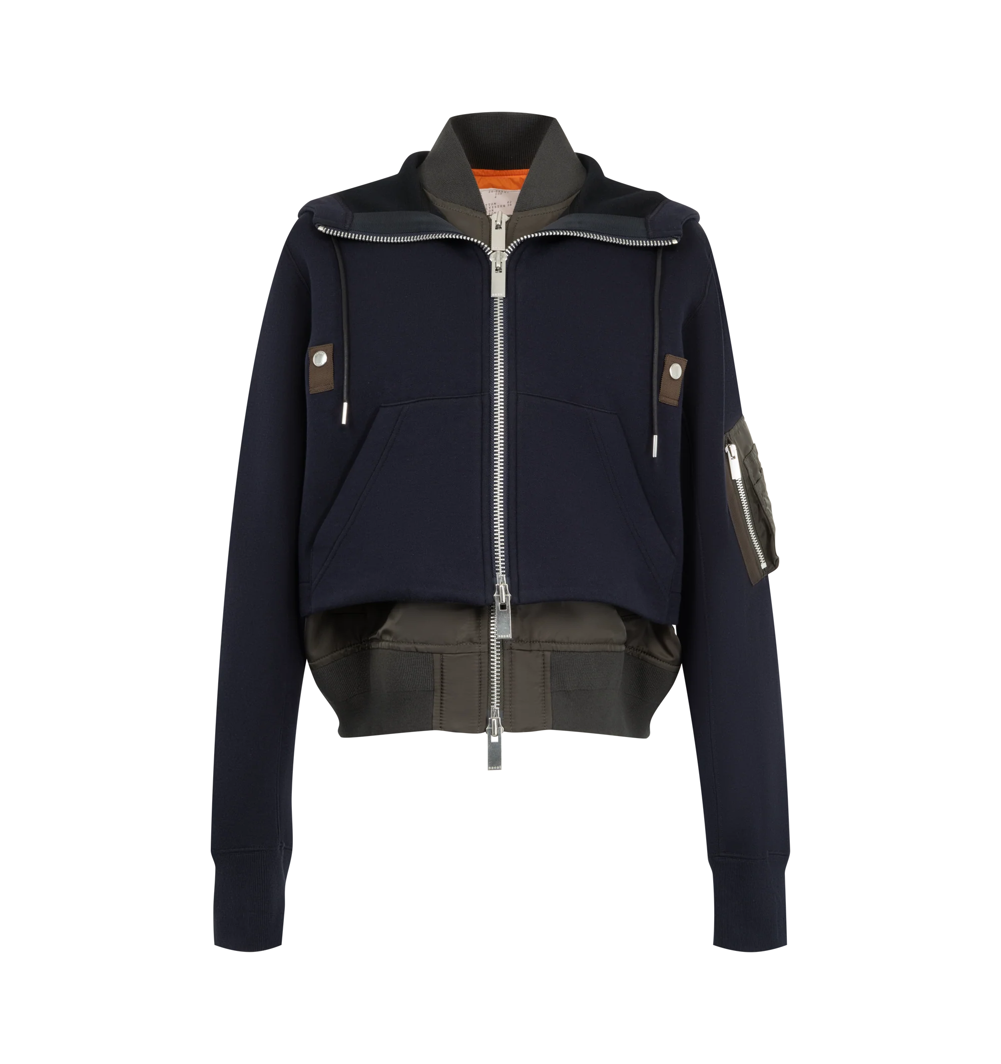Image 1 of 4 - NAVY - Sacai sponge sweat hoodie with signature layered construction, double collar, zip-front closure, drawstring hood and rib-knit stand collar. Outer material is 62% cotton / 38% polyester with 100% nylon twill panels and 100% polyester lining and filling.