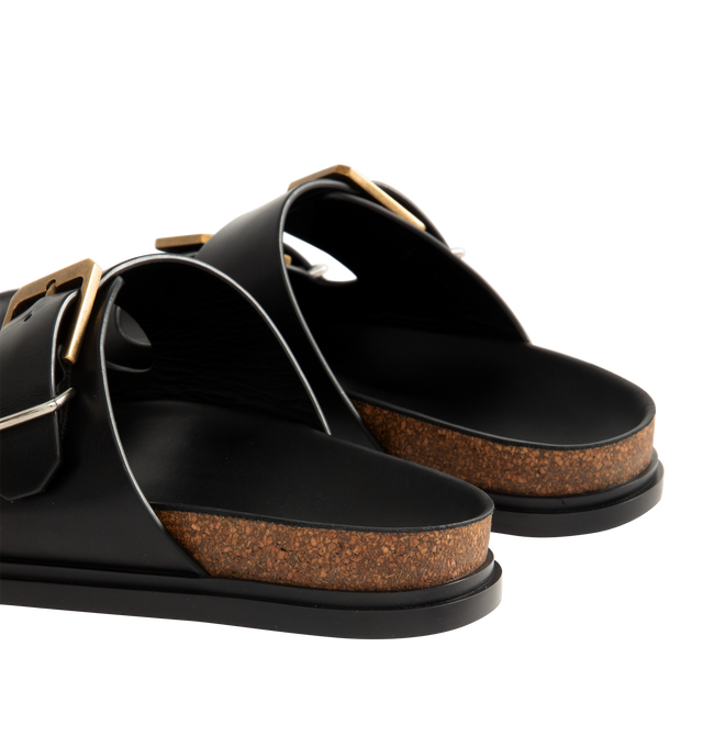 Image 3 of 4 - BLACK - THE ROW Buckle Slide featuring double-strap sandal in natural calfskin suede with adjustable straps, custom two-tone metal buckles, and contoured footbed in lightweight cork with durable rubber sole. 100% calfskin leather. Made in Italy.