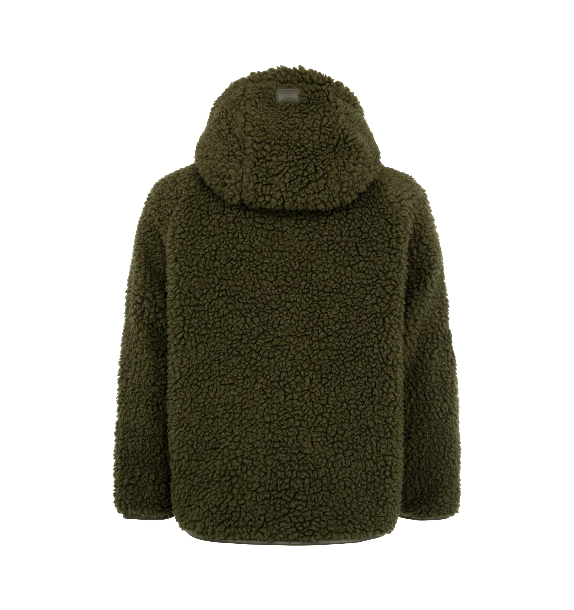 Image 2 of 3 - GREEN - Loewe Anorak is crafted from medium-weight khaki green polyester-and-wool fleece and features a relaxed fit with a regular length and zippered hooded collar. A leather drawstring with detachable whale and bottle-opener details, a contrasting front snap-flap pocket, a sleeve patch, front zip pockets, and leather-trimmed cuffs and hem complete the design. A debossed Double L leather patch accents the hood. Main Material: Polyester and Wool. Made in Italy. 