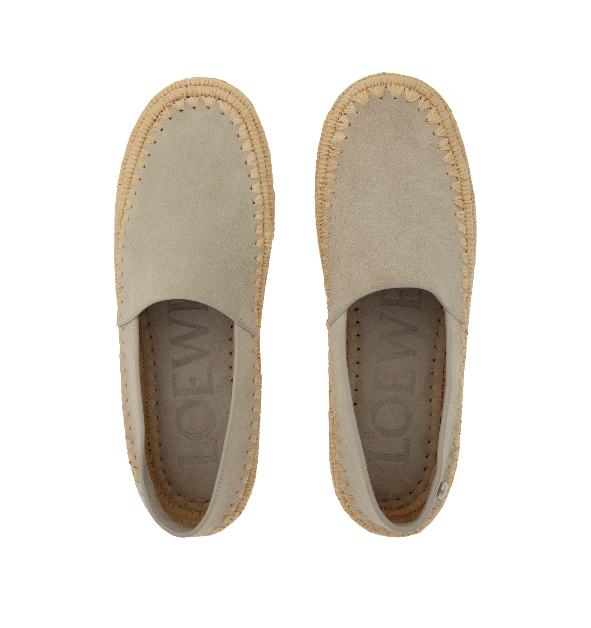 Image 4 of 4 - GREY - Loewe Mens Slippers are crafted from suede and raffia. Feature handcrafted raffia embroidery, rounded toe, engraved Anagram pebble detail, padded leather insole, embossed Anagram rubber outsole, and a 0.5 cm heel height. Main Material: Suede, Raffia. Made in Spain.