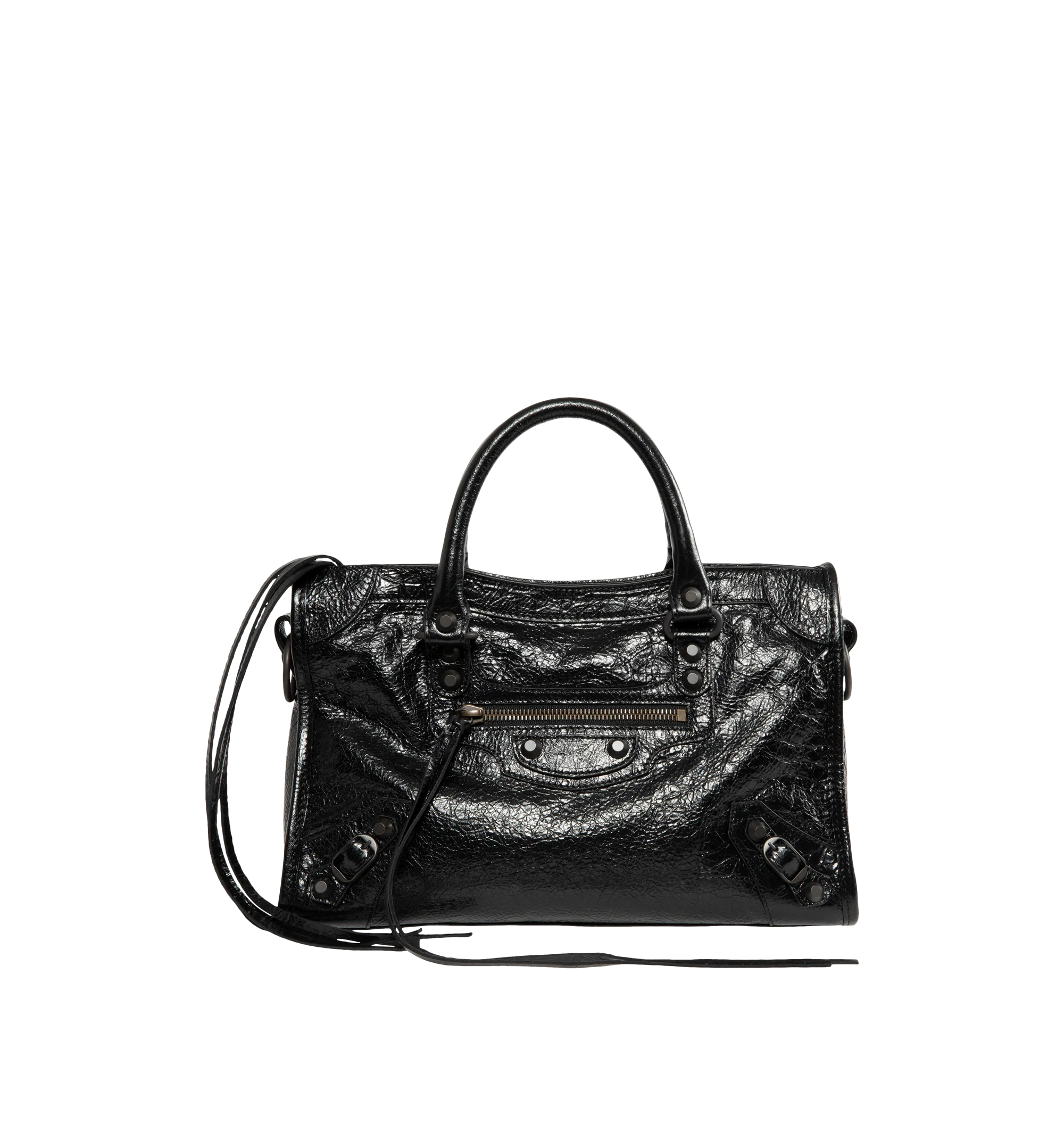 Image 1 of 3 - BLACK - Balenciaga Women's Le City Small Bag is crafted from supple leather and features the house's iconic slouchy silhouette with rolled top handles, signature buckle detailing, and an adjustable, detachable shoulder strap for versatile styling. Designed with a spacious zip-top main compartment, this designer handbag blends Balenciaga's archival motorcycle-inspired aesthetic with everyday functionality. Main Material: Leather. Dimensions: 30 x 19 x 10 cm. Made in Italy.