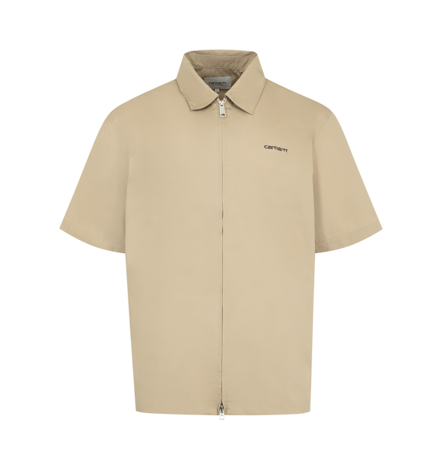 Image 1 of 2 - BROWN - CARHARTT WIP Postal Zip-Up Cotton-Blend Shirt featuring relaxed boxy fit, classic collar, embroidered logo at chest and two-way zip front. 65% polyester, 35% cotton.