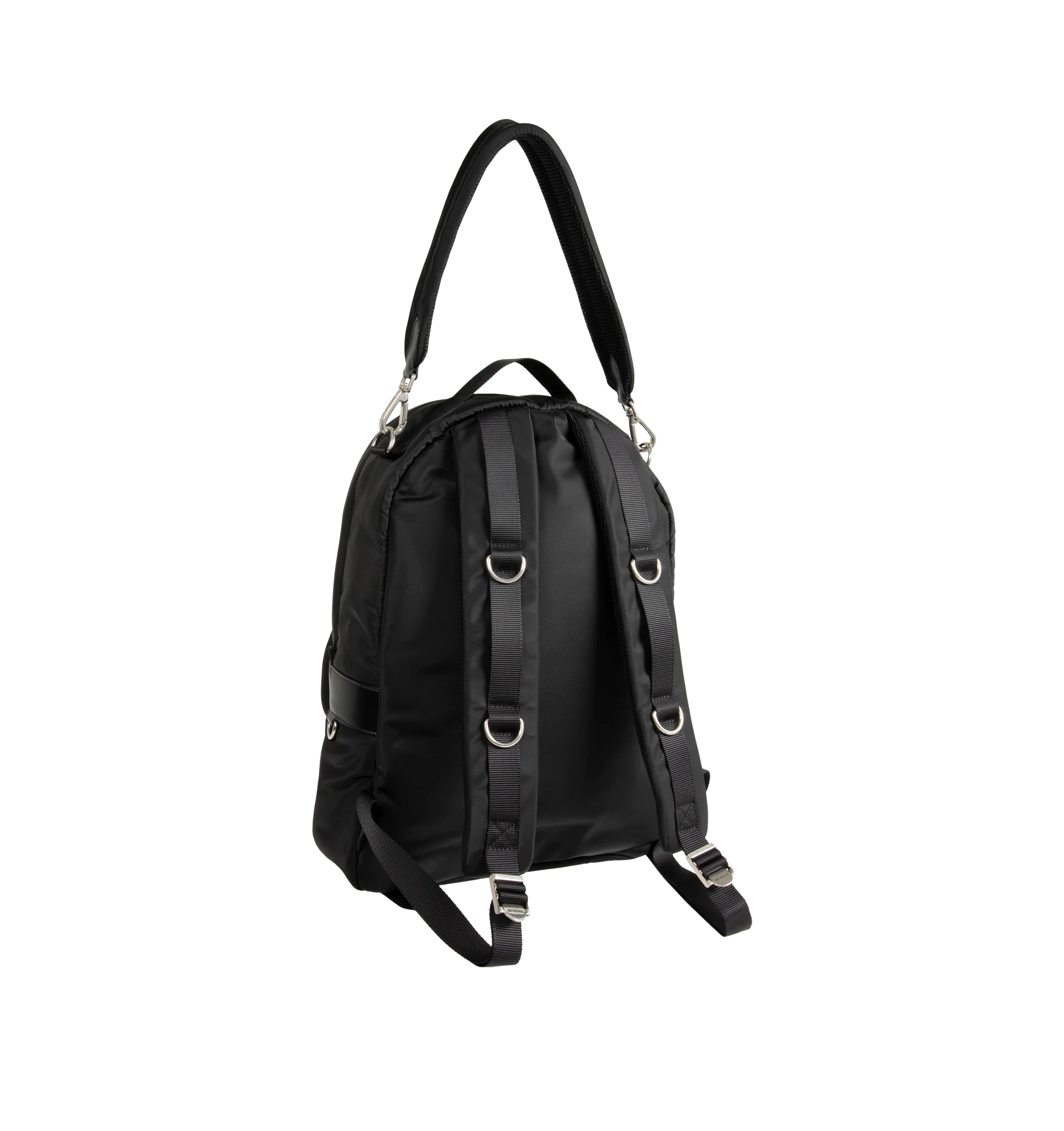 Image 2 of 3 - BLACK - Balenciaga Sleek Mens Nylon Backpack is crafted from black recycled nylon with smooth leather trim and features a zip-around closure and adjustable padded shoulder straps with metal hardware. A circular top handle, front logo print, metal logo plaque, interior pocket, and front compartment with two zippers complete the design. Fits a tablet, notebook, wallet, phone, keys, and small water bottle. Main Material: 100% Recycled Nylon. Leather Detail: Smooth Leather. Dimensions: 30 x 14 x  