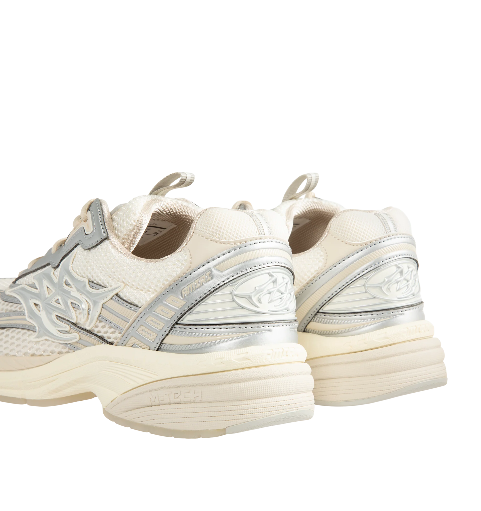 Image 3 of 5 - WHITE - Amiri Men's Metallic M-Tech Sneakers feature a mixed silver mesh-and-leather upper with metallic detailing and the signature MA icon. Inspired by technical running shoes, the design is set on a sculpted rubber sole. Main Material: 100% Polyurethane. Upper: Mesh and Leather. Sole: Rubber. Made in Vietnam. 