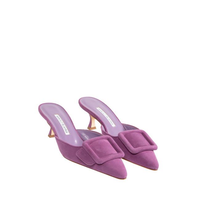 Image 2 of 4 - PURPLE - MANOLO BLAHNIK Maysale Suede Pointed Mules featuring suede buckle and kitten heel. 50mm. 100% leather. Made in Italy. 
