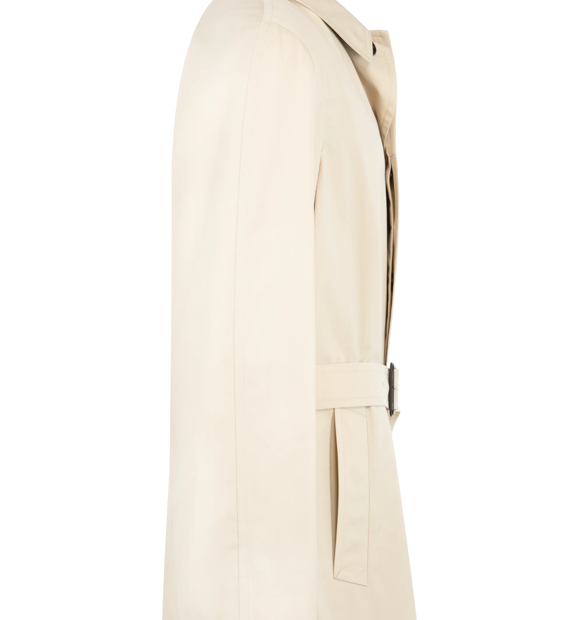Image 3 of 3 - NEUTRAL - Tom Ford Men's Cotton and Silk Gabardine Trench Coat is crafted from a cotton and silk-blend gabardine and features a classic belted silhouette, black leather-trimmed throat latch, leather-covered belt buckle, and refined tailoring. This designer trench coat combines timeless outerwear styling with luxurious materials for elevated everyday and transitional wear. Main Material: Cotton and Silk-Blend Gabardine; Trim: Leather. Made in Italy.